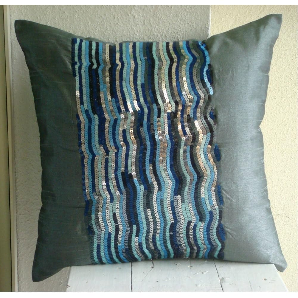 Sparkly Silver Blue Jazz Striped Throw Pillow Covers 14x14 Inch - Glitter Sequins Decorative Square Pillow Cases for Sofa, Bed, Couch - Modern Silk Home Decor Accent Pillows