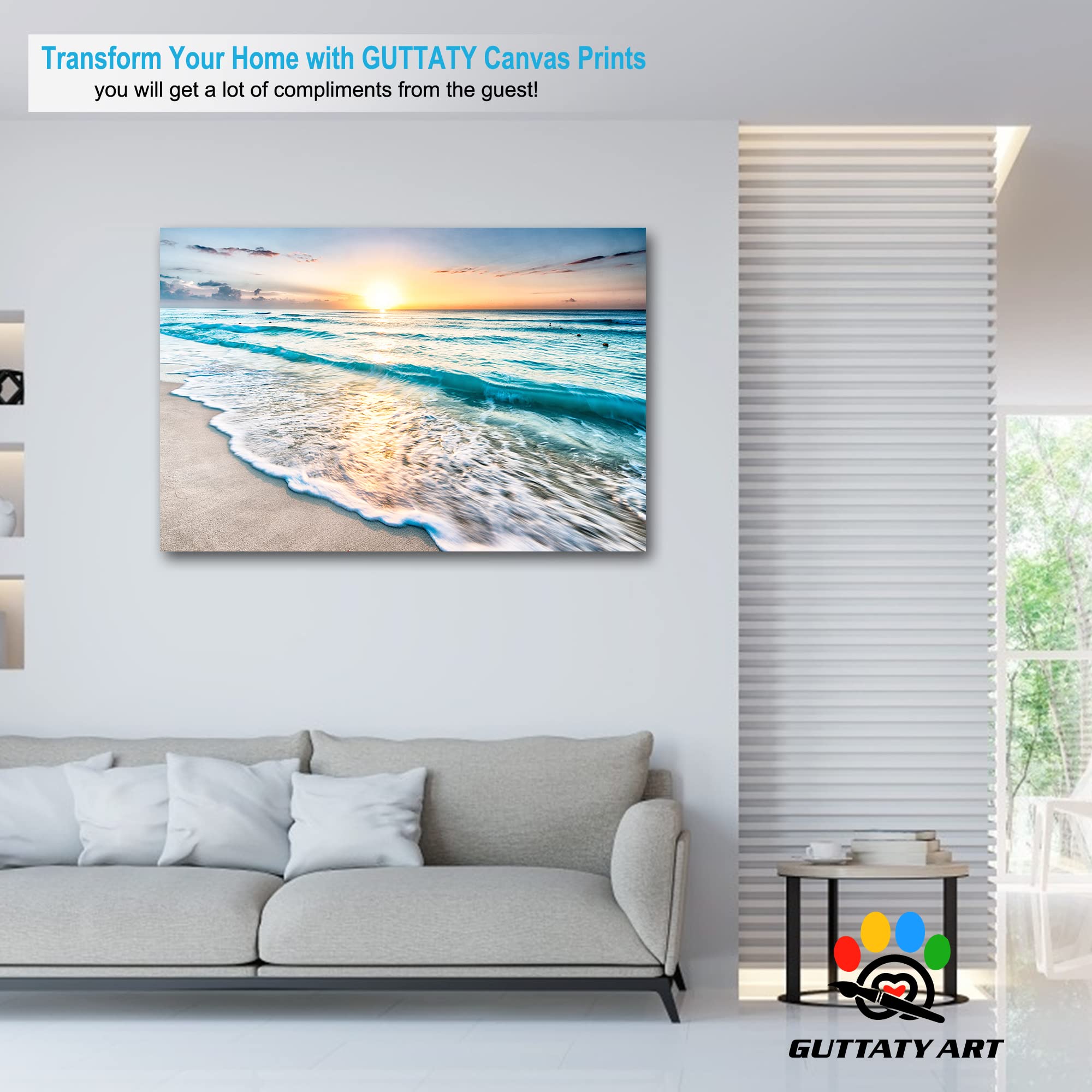 GUTTATY Large Sunrise and Beach Canvas Wall Art - Coastal Ocean Painting for Living Room Decor, Framed Seascape Canvas Print Ready to Hang (32x48 Inches) - Perfect for Beach House, Bedroom & Office Wall Decor