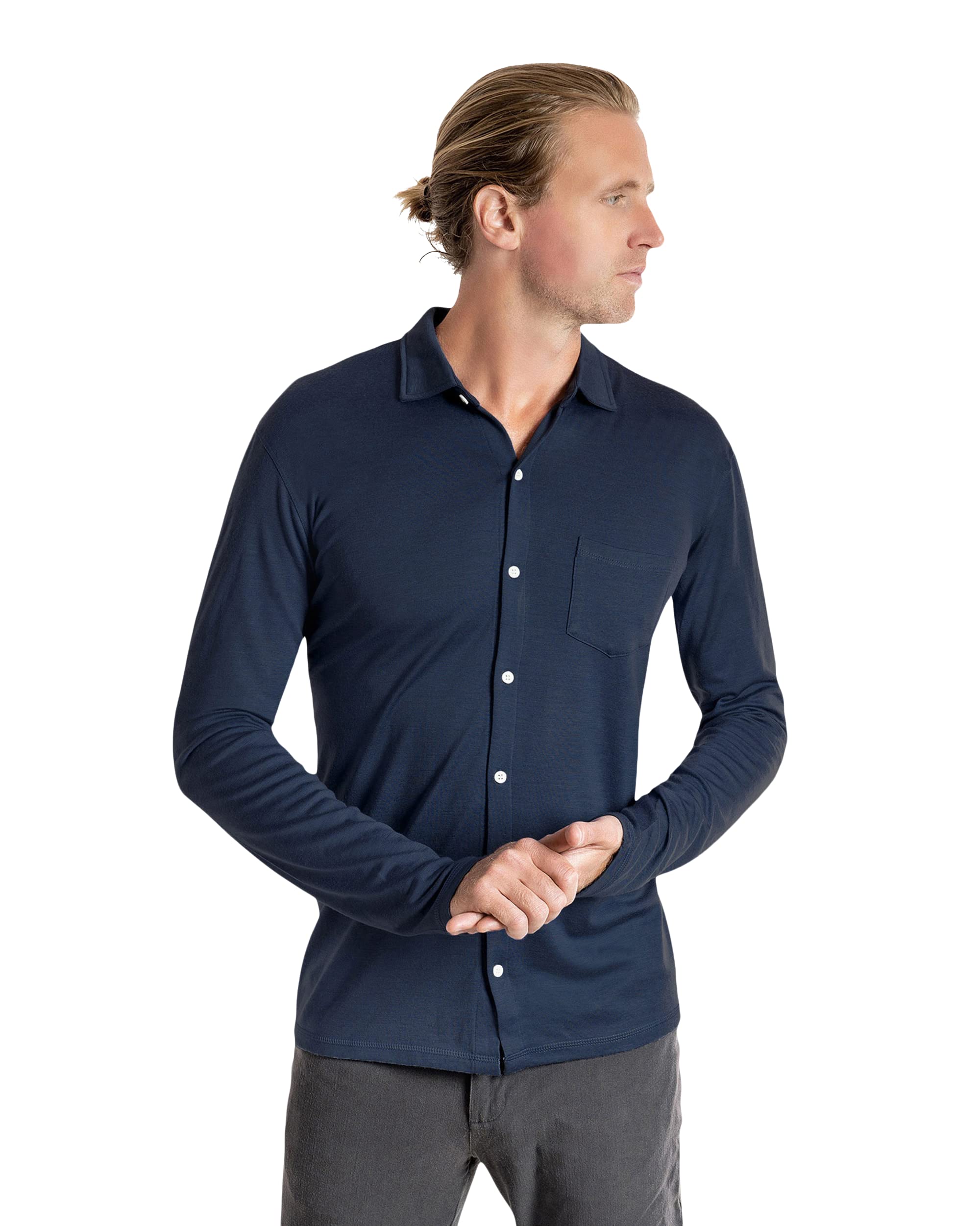 Men's Merino Wool Long Sleeve Button-Up Shirt - Wicking, Breathable & Odor-Resistant for Hiking, Travel & Outdoor Activities