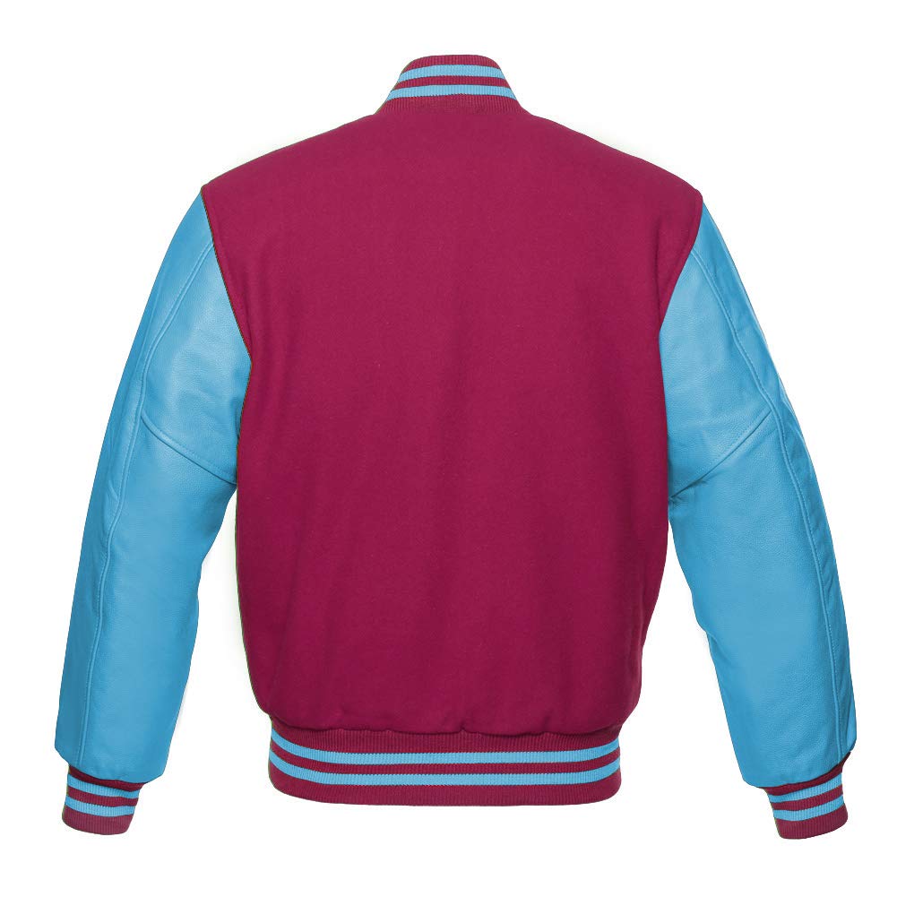 Varsity Jacket for Men & Women - Baseball Letterman Bomber with Wool Body & Genuine Leather Sleeves in Pink & Sky Blue - Perfect for School, College & Casual Wear