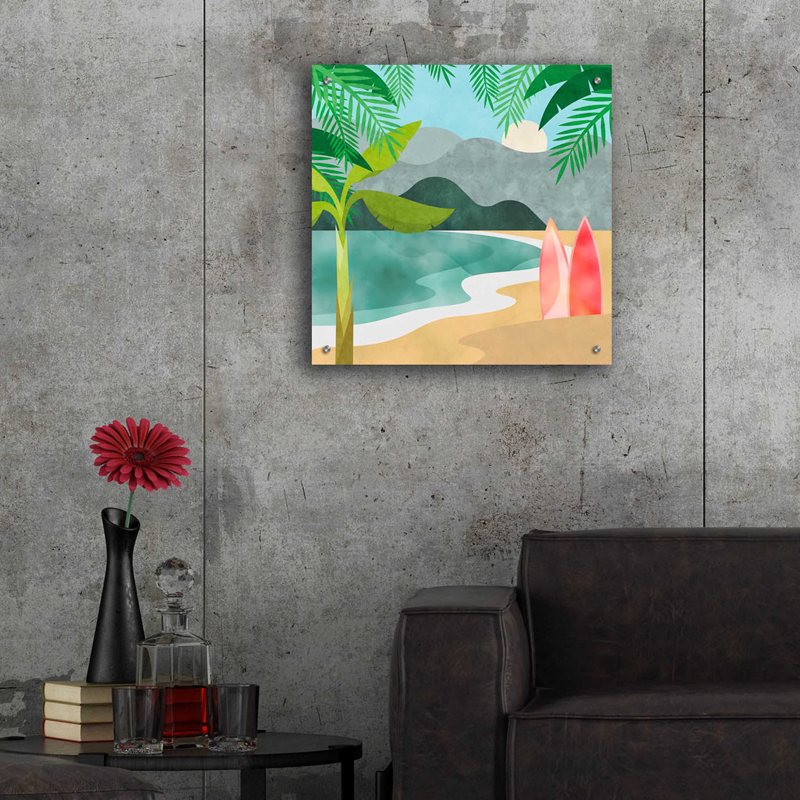Secret Surf Spot by Andrea Haase - 24x24 Inch Acrylic Glass Wall Art Painting, Modern Coastal Beach Decor for Living Room, Bedroom & Office