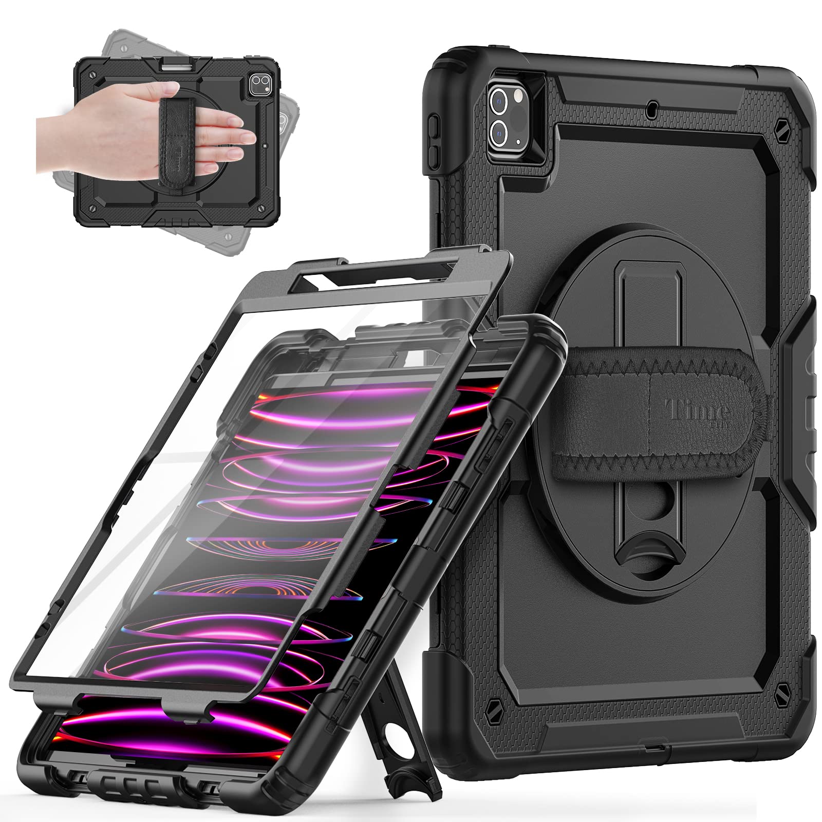 Timecity Protective Case for iPad Pro 12.9 (6th/5th/4th/3rd Gen 2022-2018) with Screen Protector, Rotating Stand & Hand/Shoulder Strap - Supports Apple Pencil 2 Charging - Black | Perfect for Work, Travel & Home Use
