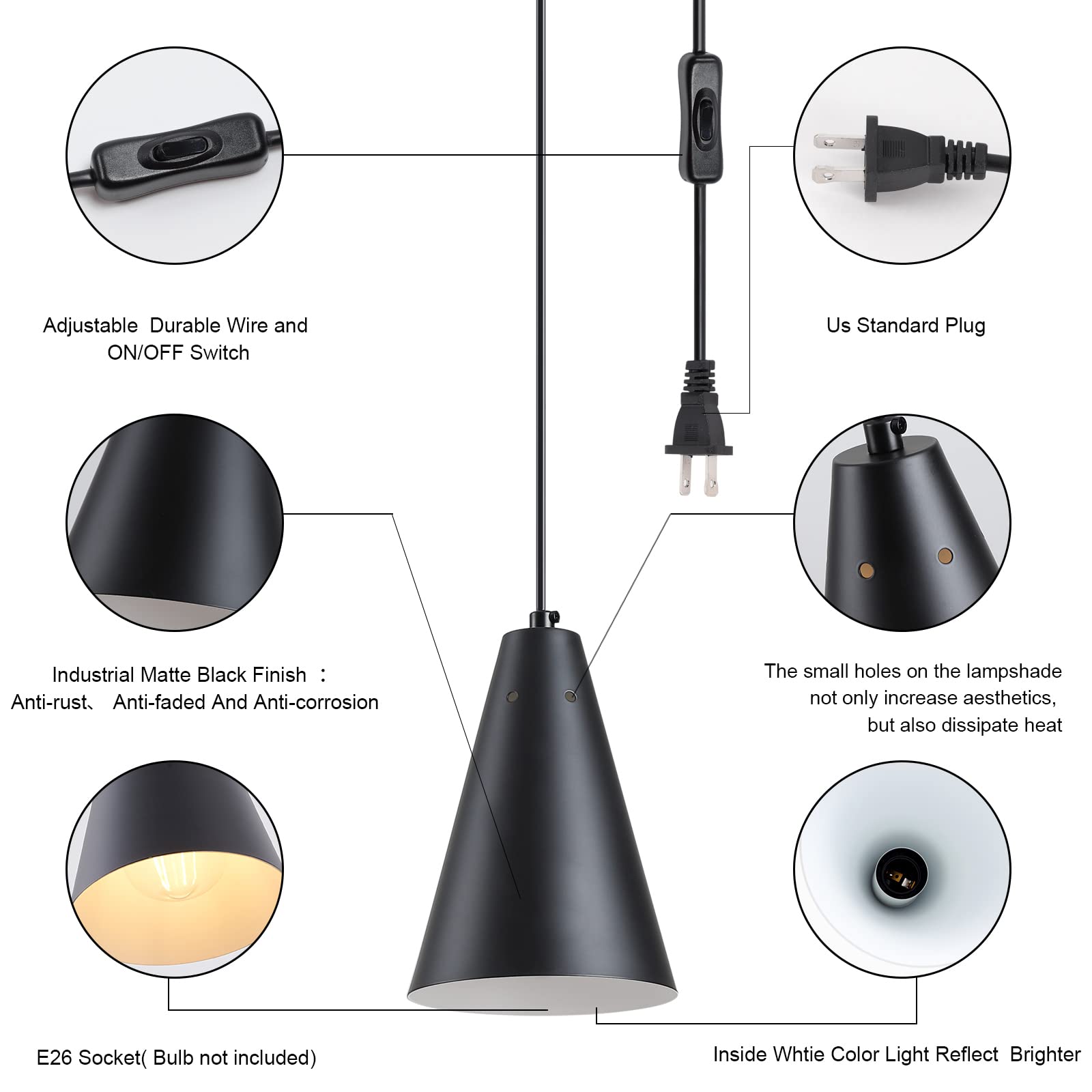 Black Plug-In Pendant Light with On/Off Switch - Modern Farmhouse Hanging Light Fixture with Metal Shade - Mini Pendant Lights for Kitchen Island, Bedroom, Dining Room & Living Room - Easy Installation with Plug-In Cord