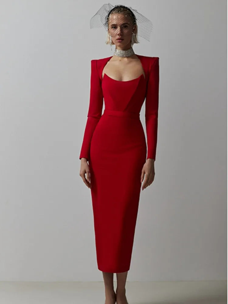 Sexy Long Sleeve V-Neck Bandage Dress for Women - Winter Midi Dress in Pink, Black & White | Elegant Evening, Club & Party Wear | Perfect for Date Night, Cocktail Parties & Holiday Events