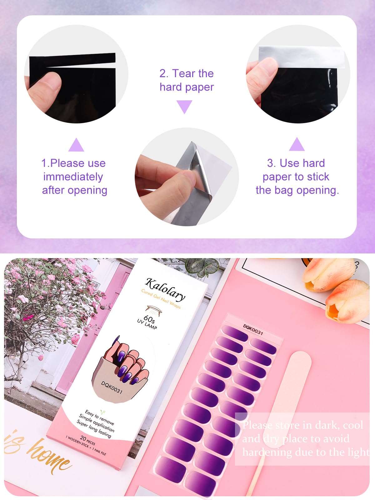 20PCS Kalolary Gradient Purple Gel Nail Polish Strips - Waterproof Nail Wraps & Stickers with Nail File for Women & Girls - UV/LED Lamp Required - Perfect for Home Manicures, Parties & Special Occasions