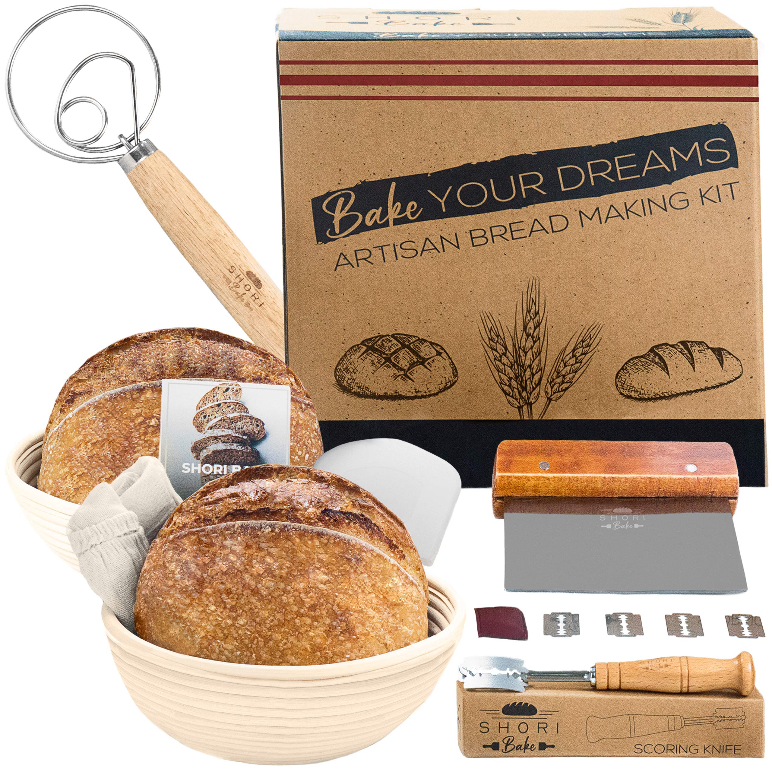 Premium 9 Inch Round Banneton Bread Proofing Basket Set of 2 - Sourdough Baking Kit with Lame, Dough Scraper & Danish Whisk | Perfect for Artisan Bread Making, Home Bakers & Baking Enthusiasts | Ideal Gift for Bread Lovers