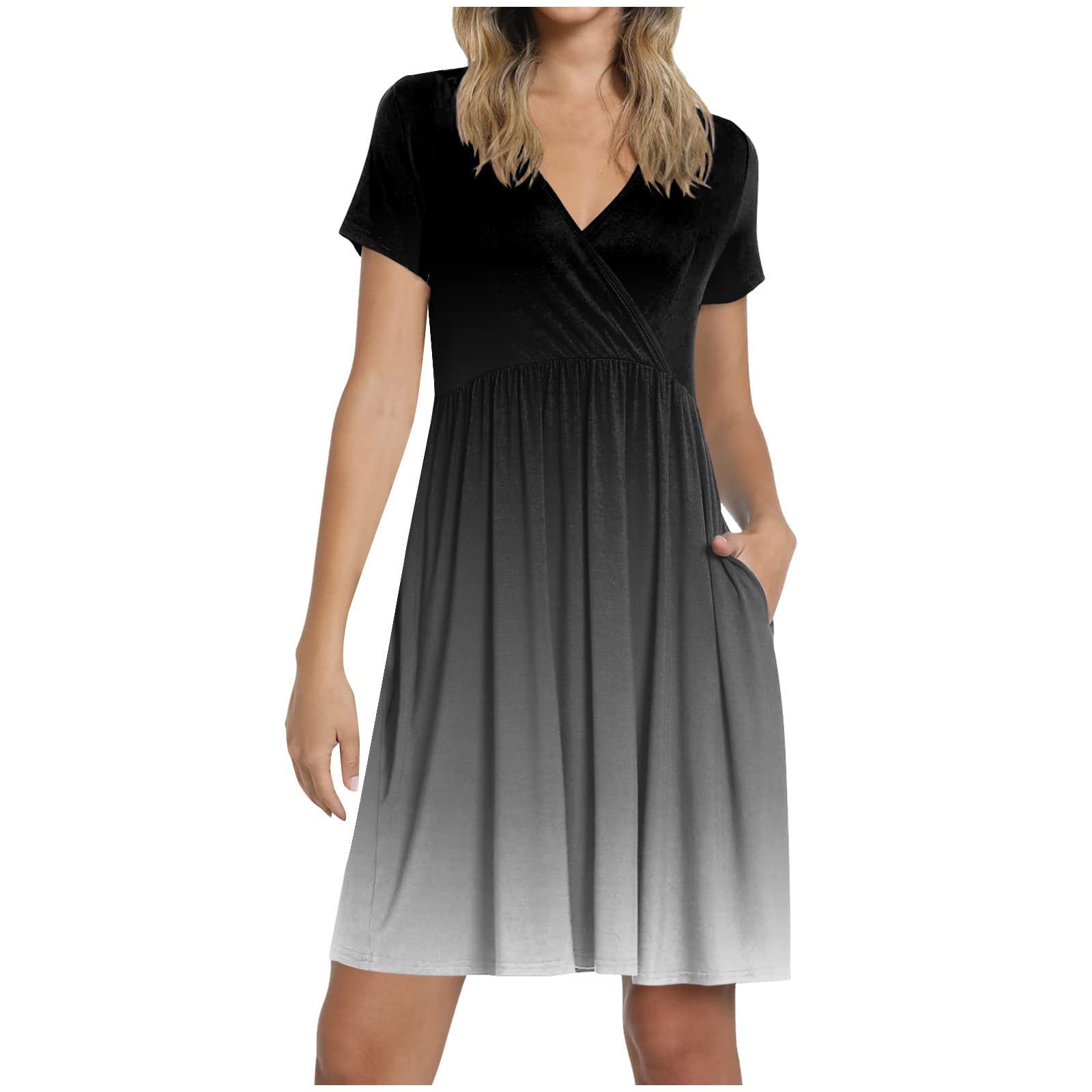 MIANHT Women's Fashion V-Neck Printed Short Sleeve Suspenders Pocket Pullover Dress 2027 | Casual Summer Outfit, Office Wear & Party Dress