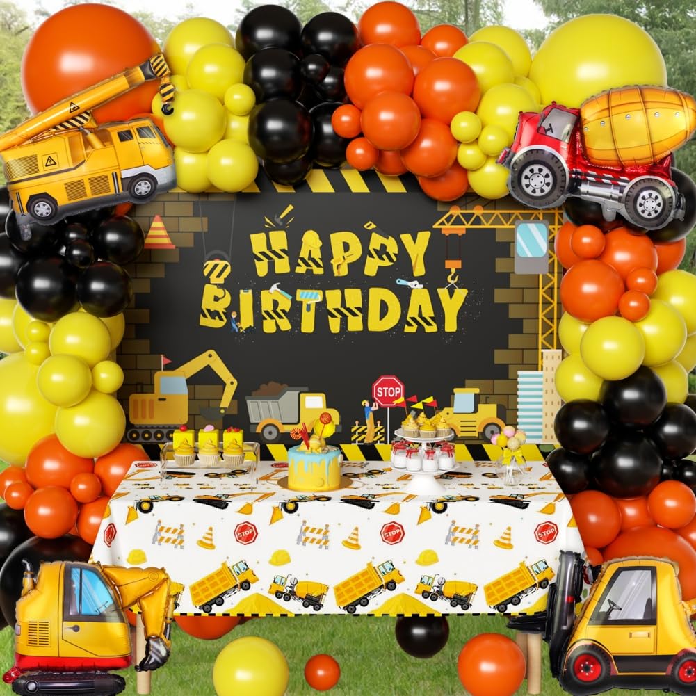Dump Truck Construction Party Decorations Kit - Includes Arch Garland, Backdrop & Tablecloth for Kids Birthday Party | Perfect for Construction Theme Celebrations & DIY Decor