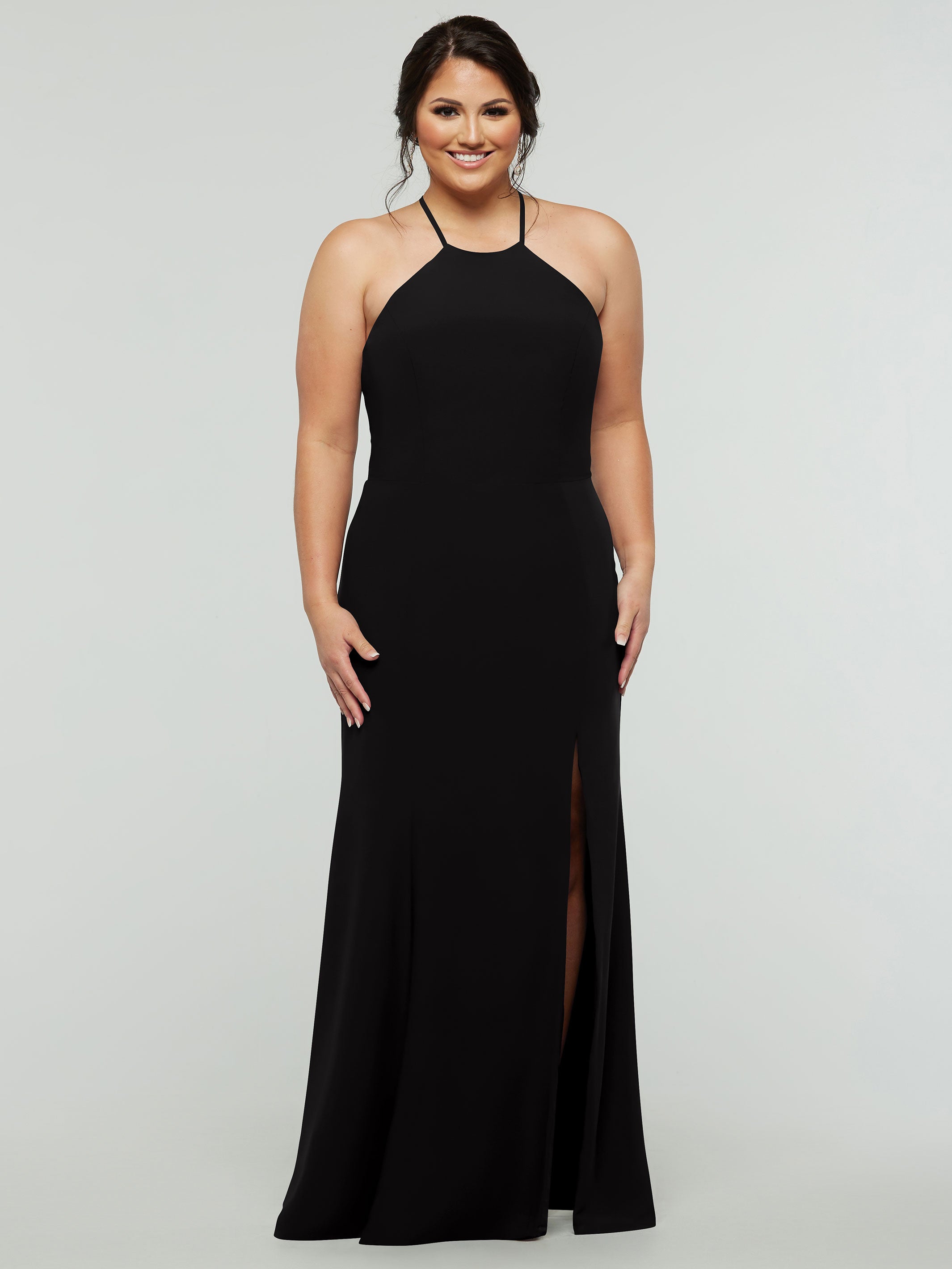 Elegant 83031 Fit and Flare Stretch Chiffon Bridesmaid Dress with Halter Neck & Thigh Slit - Perfect for Weddings, Proms, and Formal Events