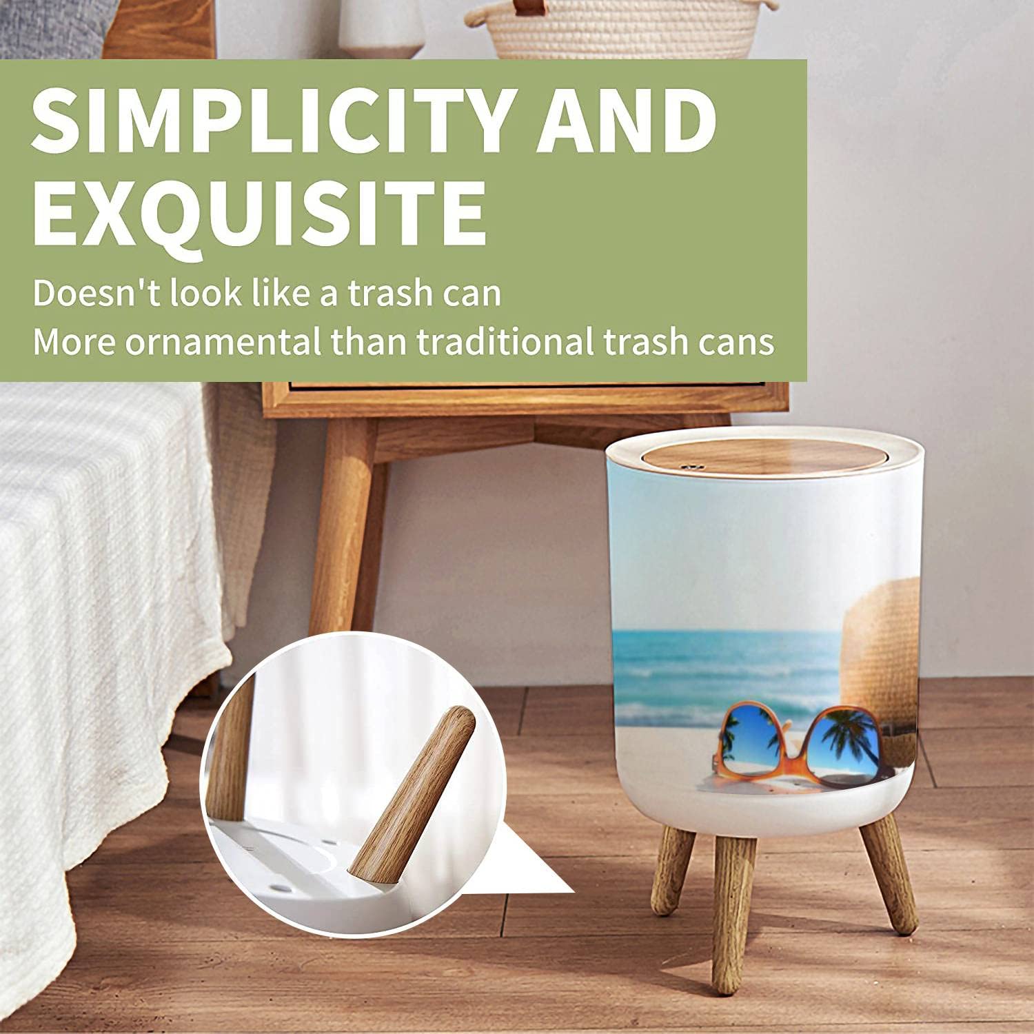 Small Trash Can with Lid - 1.8 Gallon Round Waste Bin with Press Cover, Dog Proof Garbage Bin for Kitchen, Bathroom & Living Room - Perfect for Summer Beach House Decor with Tropical Palm Tree Design