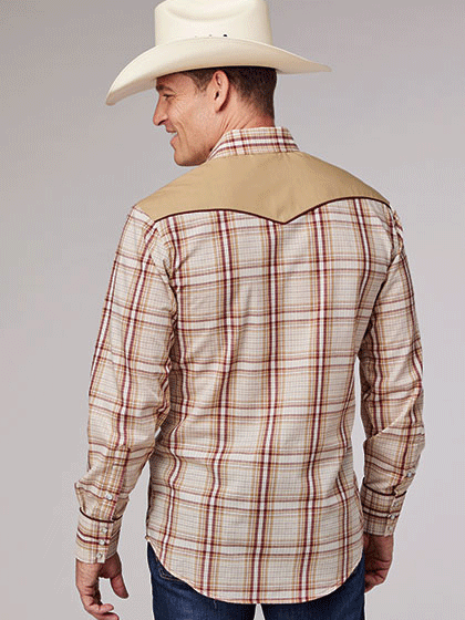 Roper Men's Long Sleeve Plaid Western Shirt in Tan - Classic Cowboy Style for Ranch Work, Rodeo & Casual Wear (01 001 0024 4060)