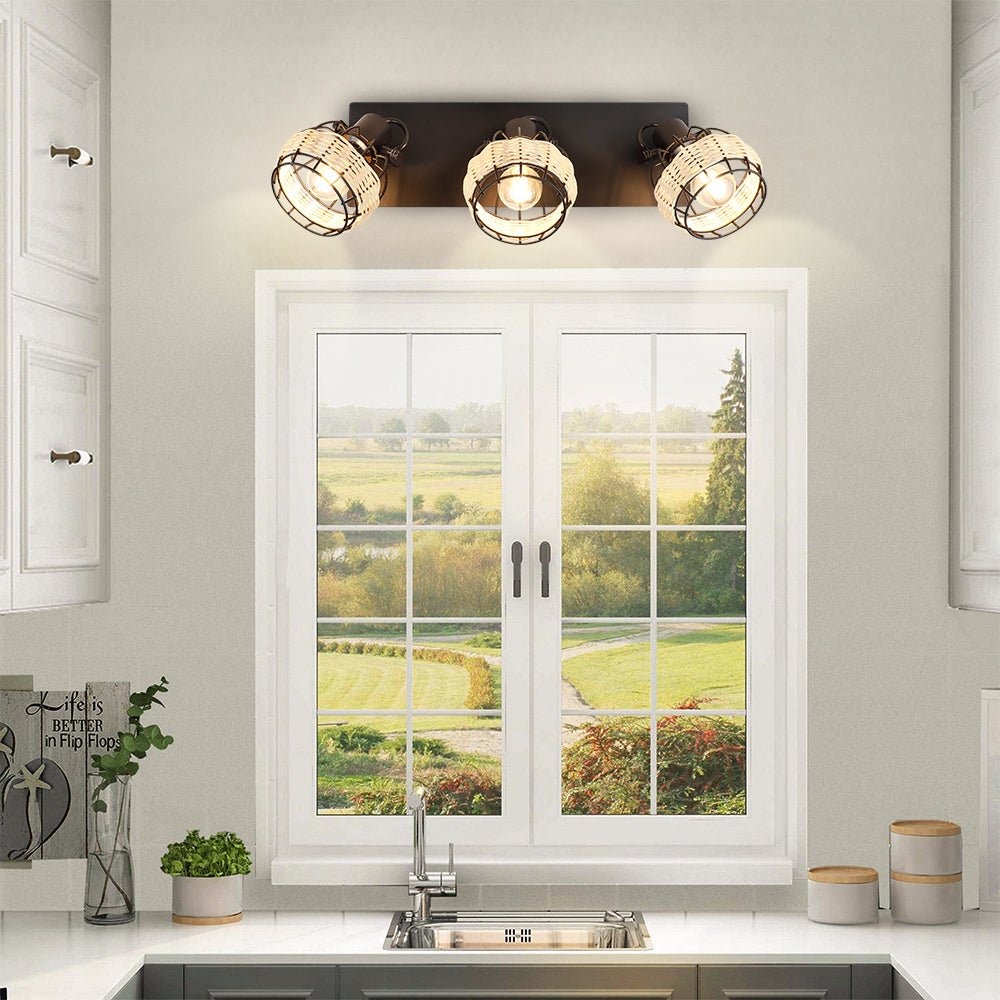 Depuley Rustic Metal and Rattan 3-Light Wall Sconce with Adjustable Direction Lampshades - Perfect for Farmhouse, Bedroom, Living Room, and Hallway Lighting