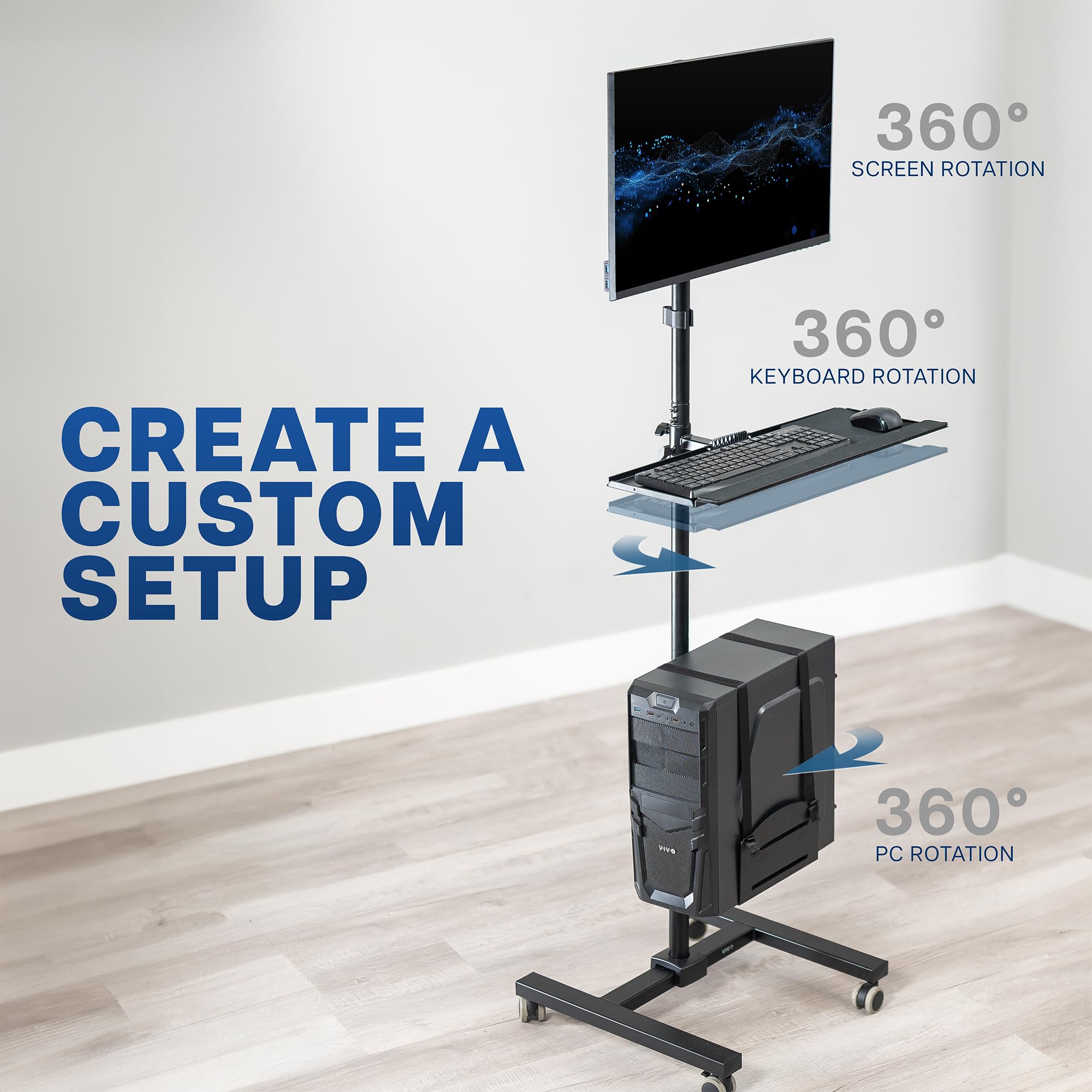 VIVO Mobile Computer Cart with Monitor Mount for up to 32” Screens, Rolling PC Desk Workstation with Full Keyboard Tray & Adjustable CPU Holder - Black (CART-PC02T) | Ideal for Office, Hospital, Classroom & Home Workspace Setup