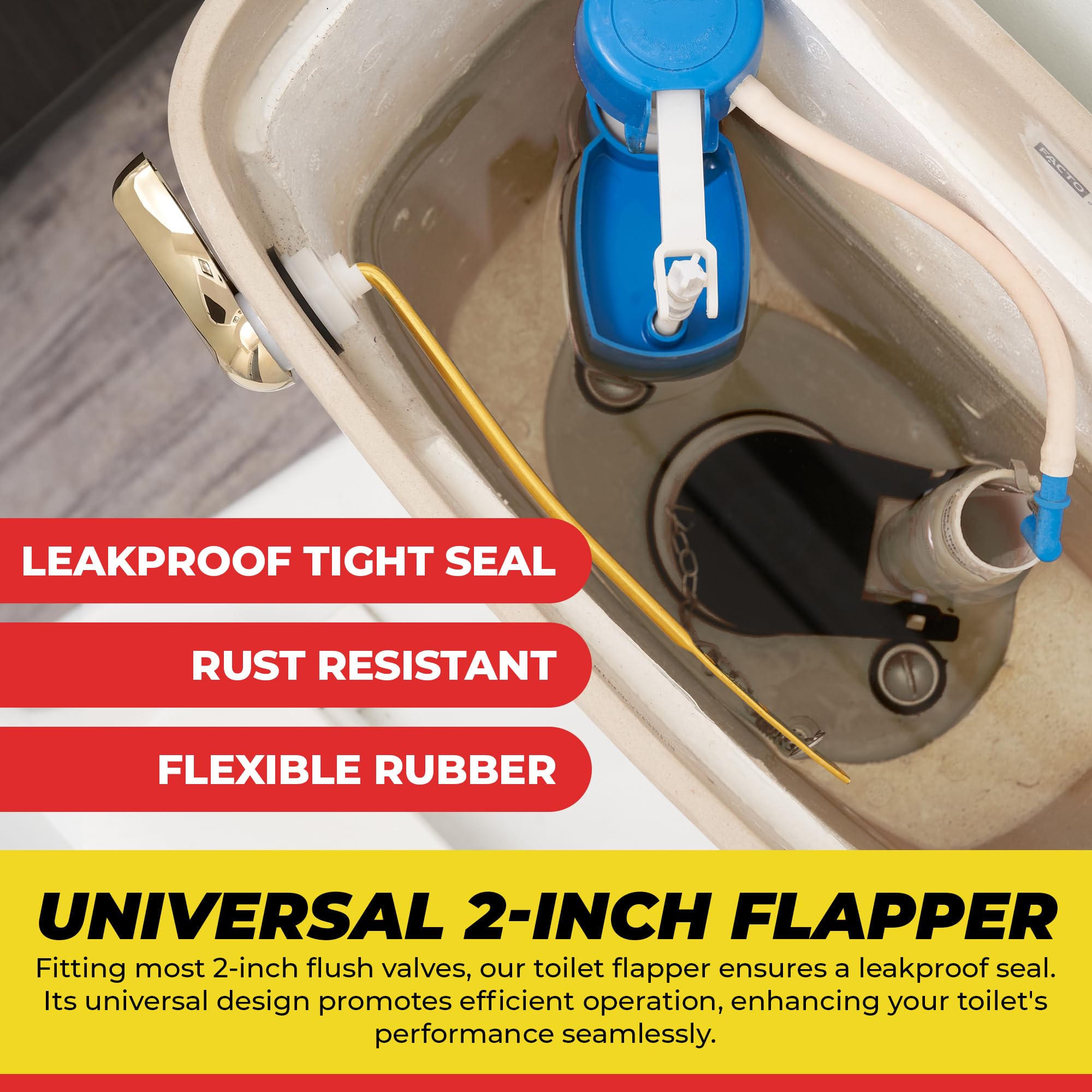 Qualihome Brass Polished Gold Toilet Handle Replacement Kit - 2 Inch Universal Toilet Flapper & Stainless Steel Chain - Perfect for Bathroom Renovation and DIY Toilet Repair