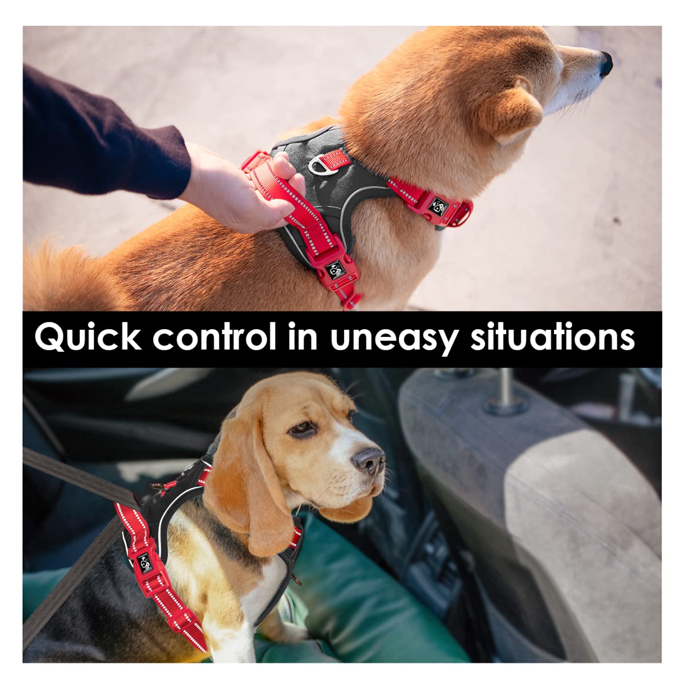 PHOEPET No Pull Dog Harness - Reflective Adjustable Pet Vest with Soft Training Handle & Metal Clips for Small Medium Large Dogs (Black/Red, Medium) - Perfect for Walking, Running, and Outdoor Adventures