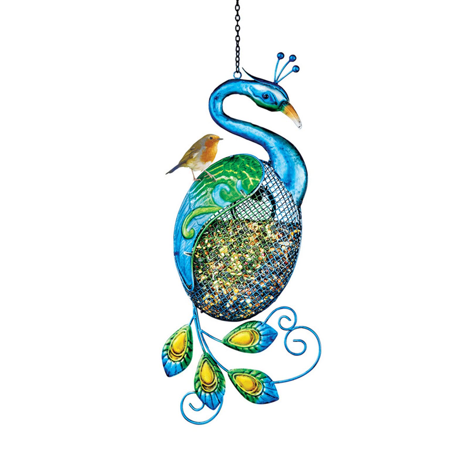 Solar Powered LED Peacock Shaped Glass Bird Feeder - Outdoor Gradient Blue & Green Metal Garden Art for Attracting Birds | Perfect for Backyard, Patio & Garden Decoration