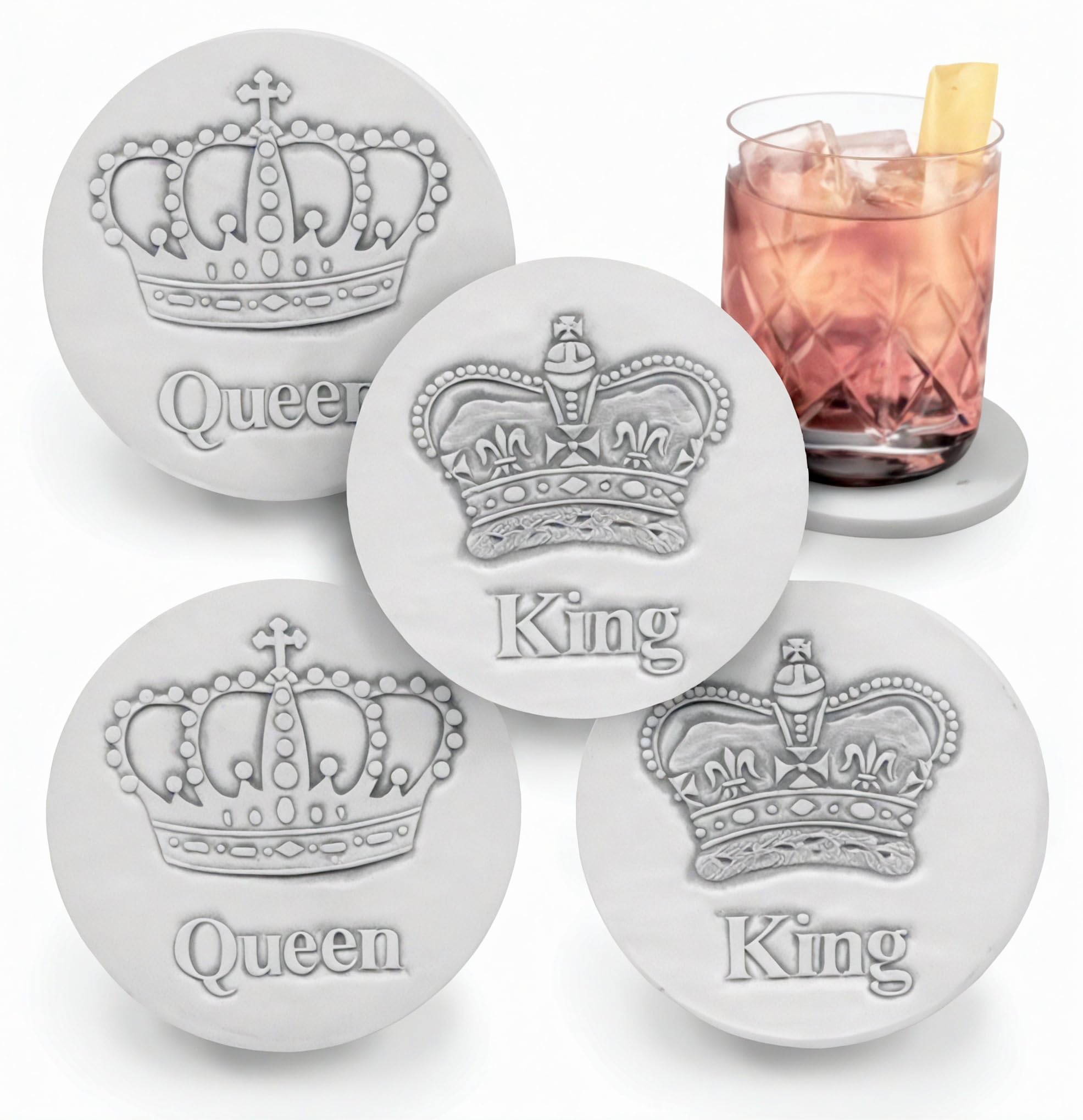 Royal Drink Coasters Set of 4 - King & Queen Crown Design for Home Bar