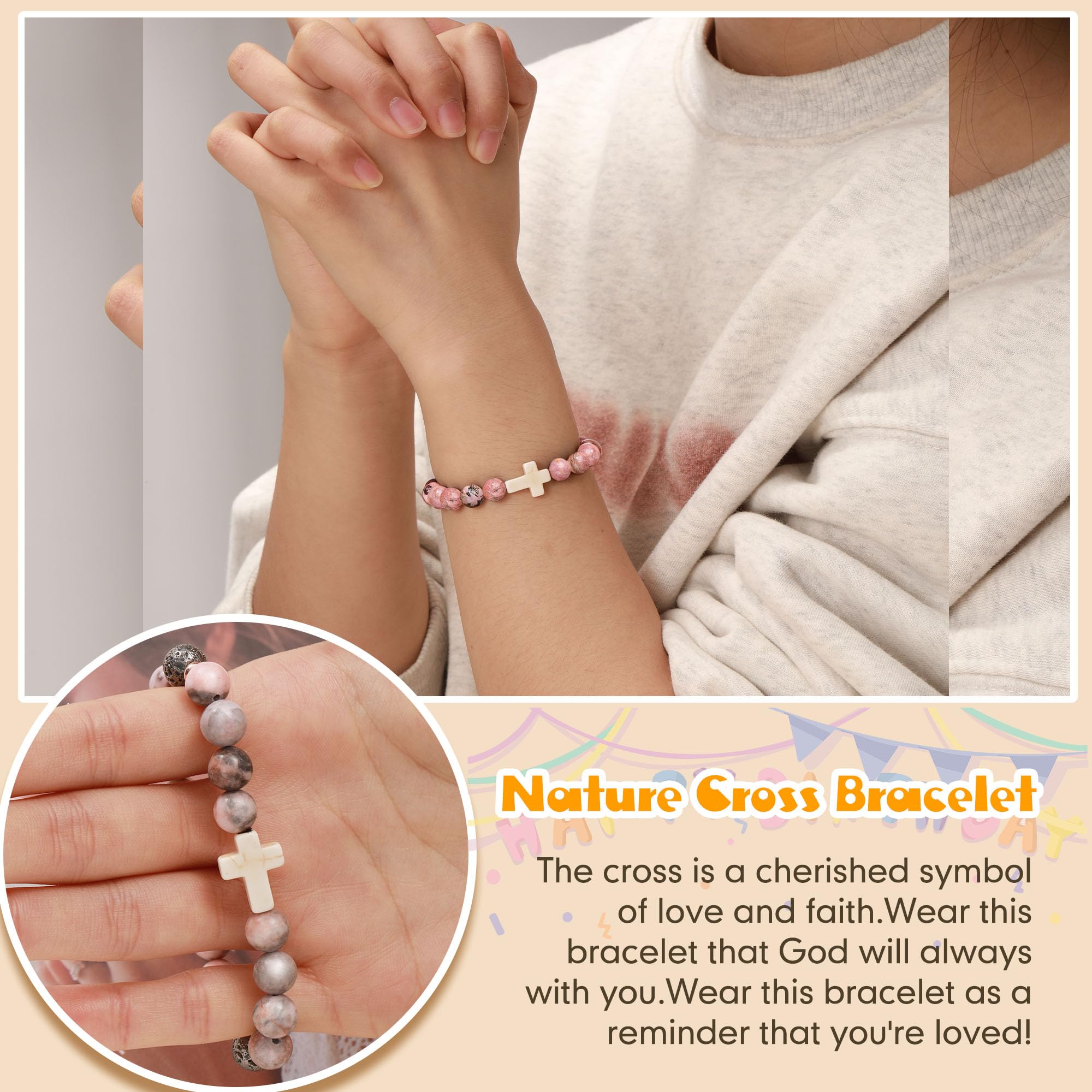 JSJOY Natural Stone Beaded Bracelet - Birthday Gifts for Women, Girls, Mom, Sister, Daughter (Age 6-80) - Christian Cross Jewelry for Easter, Christmas & Special Occasions - Perfect for Daily Wear, Church & Gift Giving