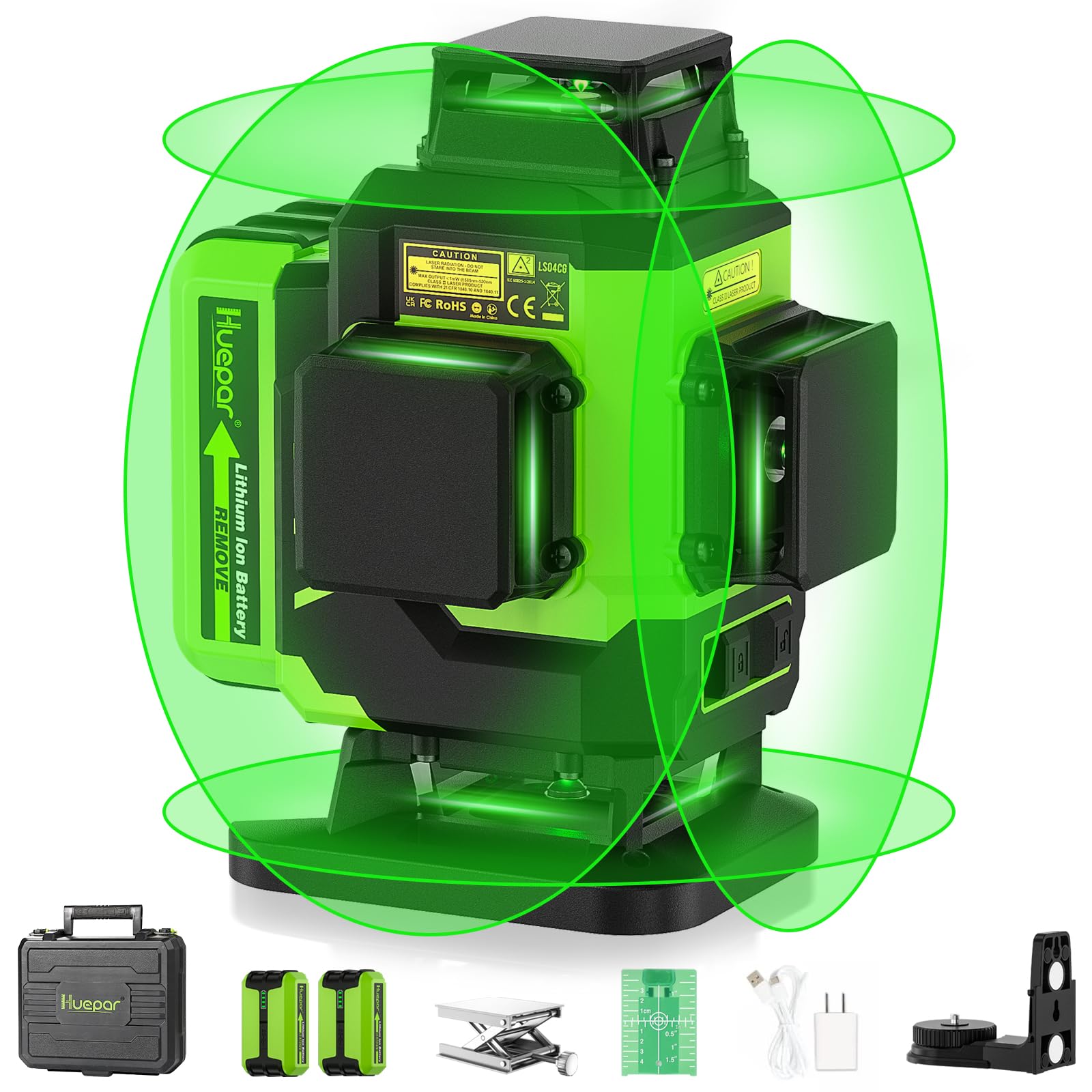 Huepar 4D Self-Leveling Green Beam Laser Level - 16 Lines Cross Line Tiling Tool with 2x360° Horizontal & Vertical Lasers, 2 Li-ion Batteries & Hard Case - Perfect for Flooring, Construction, and DIY Projects - LS04CG