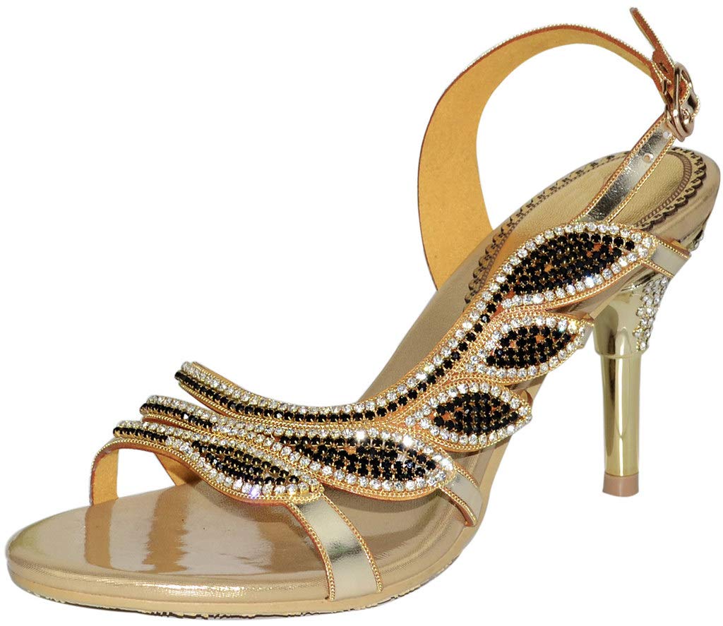 LizFoYa Women's Crystal Embellished Asymmetrical Dress Sandals - Mid Heel Evening Party Shoes for Prom, Wedding & Special Occasions