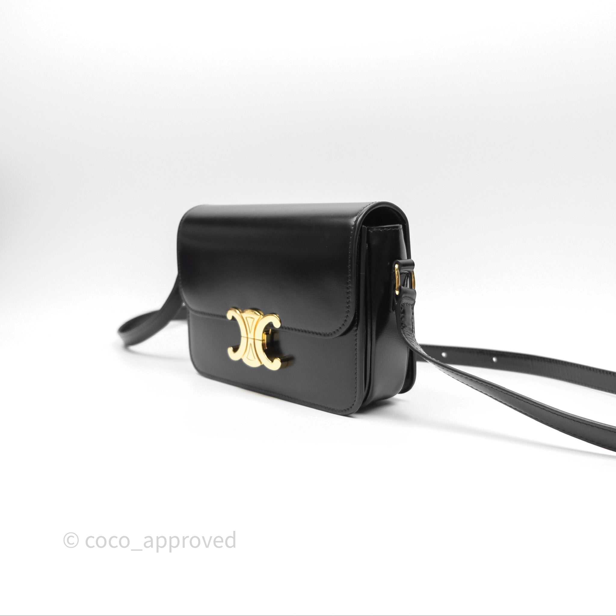 Celine Teen Triomphe Bag in Shiny Black Calfskin Leather - Luxury Crossbody Purse for Women, Perfect for Date Night & Evening Events
