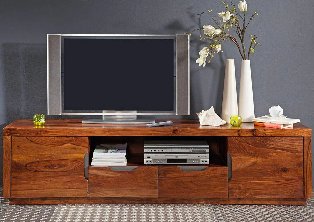 Gfine Solid Sheesham Wood TV Stand with 2 Doors & 2 Drawers - 175x45x50Cm Modern Entertainment Center for Living Room & Home Theater