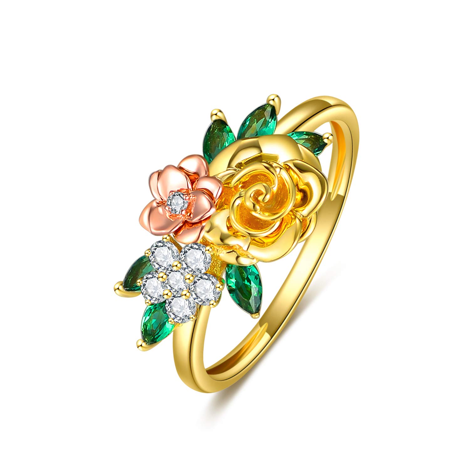 10K Real Gold Rose Flower Leaf Ring for Women - Yellow & Rose Gold Moissanite Three Flower Ring, Elegant Anniversary & Birthday Gift for Mom, Wife, Girlfriend | Perfect for Weddings, Date Nights & Special Occasions