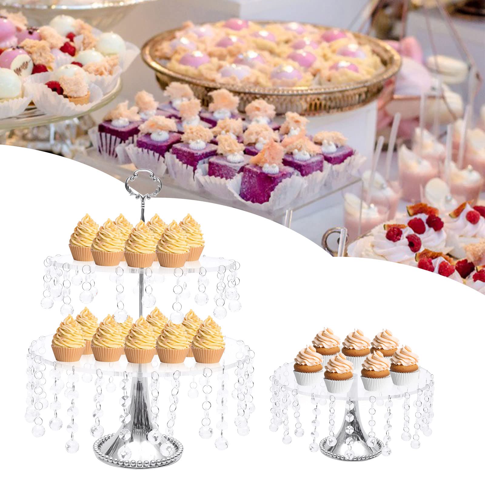 4PCS Silver Crystal Cake Stands Set - Round Metal Cupcake Holders & Dessert Display Plates for Baby Shower, Wedding, Birthday Party - Elegant Serving Platters for Home Decor & Celebration Events