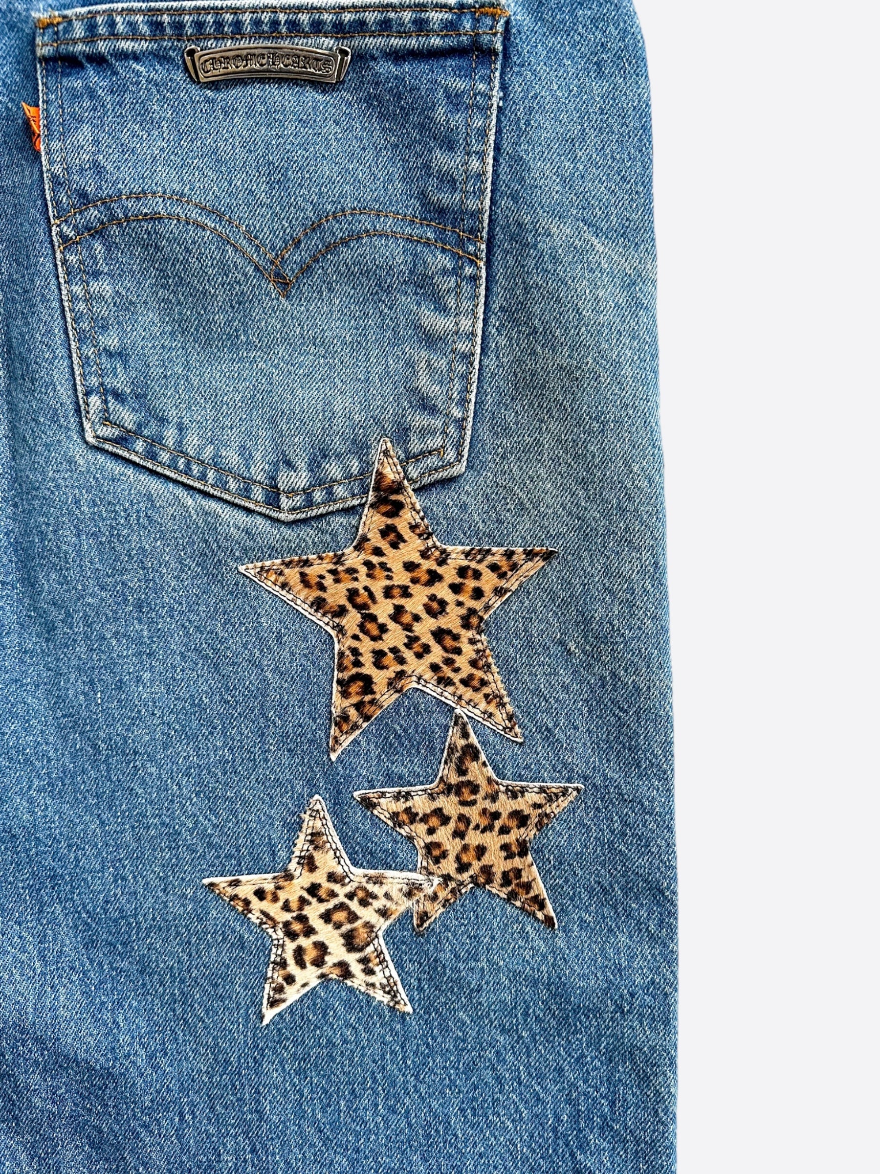 Chrome Hearts x Levi's Blue Cheetah Star Patch Jeans for Men & Women - Vintage Denim Pants with Unique Design - Perfect for Streetwear, Casual Outfits & Fashion Statements