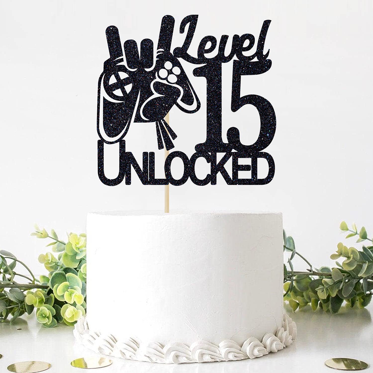 15th Birthday Cake Topper - Video Game Level 15 Unlocked Black Glitter Decoration for Boys | Level Up Winner Party Supplies | Perfect for Gaming Themed Birthday Cakes and Celebration Decorations