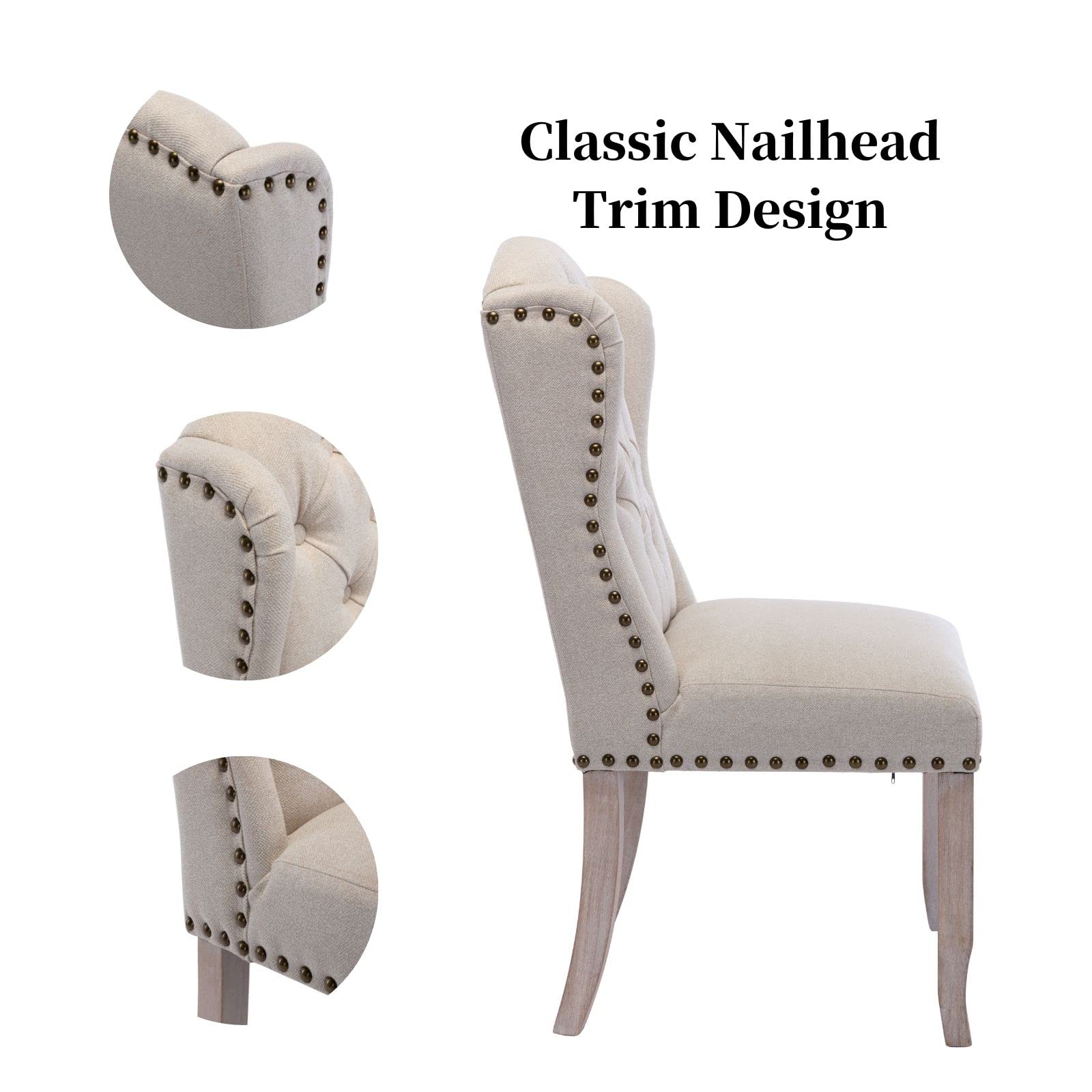 LukeAlon Classic Linen Dining Chairs Set of 2 - Upholstered Button Tufted Side Chairs with Solid Wood Legs & Nailhead Trim - Elegant High Back Kitchen Dining Room Chairs for Home, Restaurant, Cafe - Beige