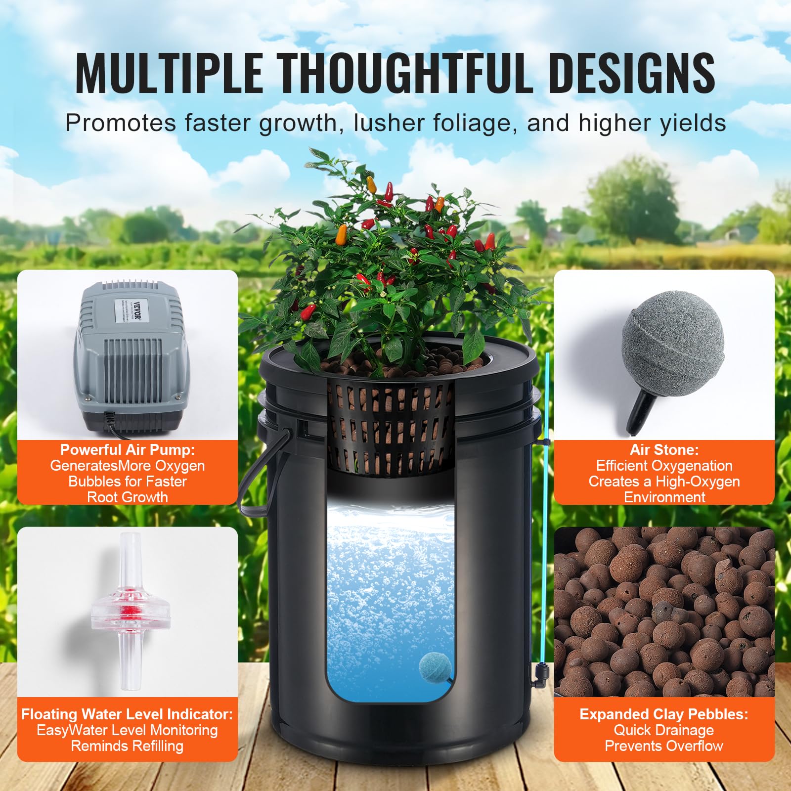 VEVOR 5-Gallon DWC Hydroponic Grow System with Top Drip Kit - 4 Bucket Deep Water Culture Kit Includes Air Pump, Air Stones & Water Level Indicator for Leafy Greens - Perfect for Indoor Herb Garden, Lettuce & Vegetable Hydroponics Farming