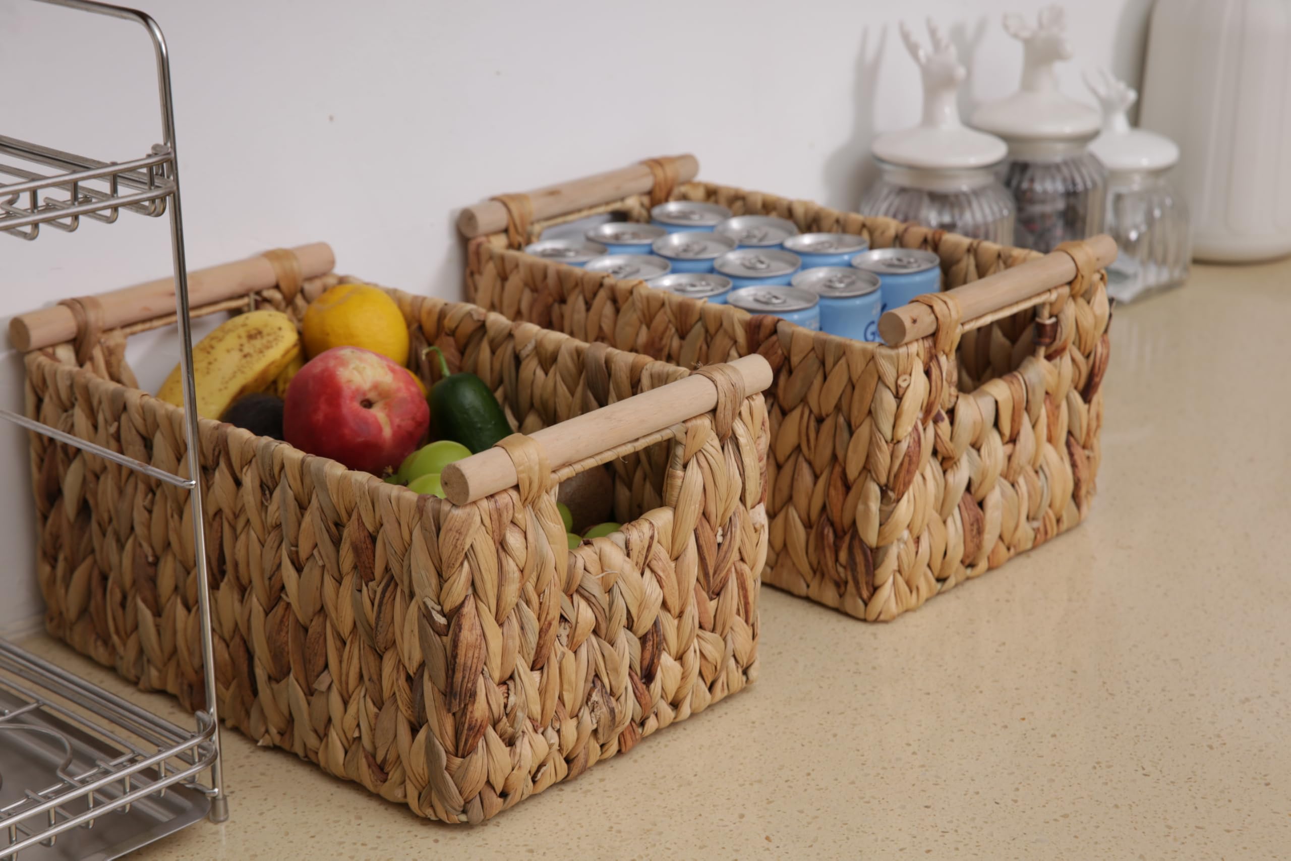 Natural Water Hyacinth Storage Basket with Handles - Large Woven Rattan Organizer for Shelves, Closet, Kitchen & Bathroom - Perfect for Home Decor, Toilet Tank Storage & Cabinet Organization