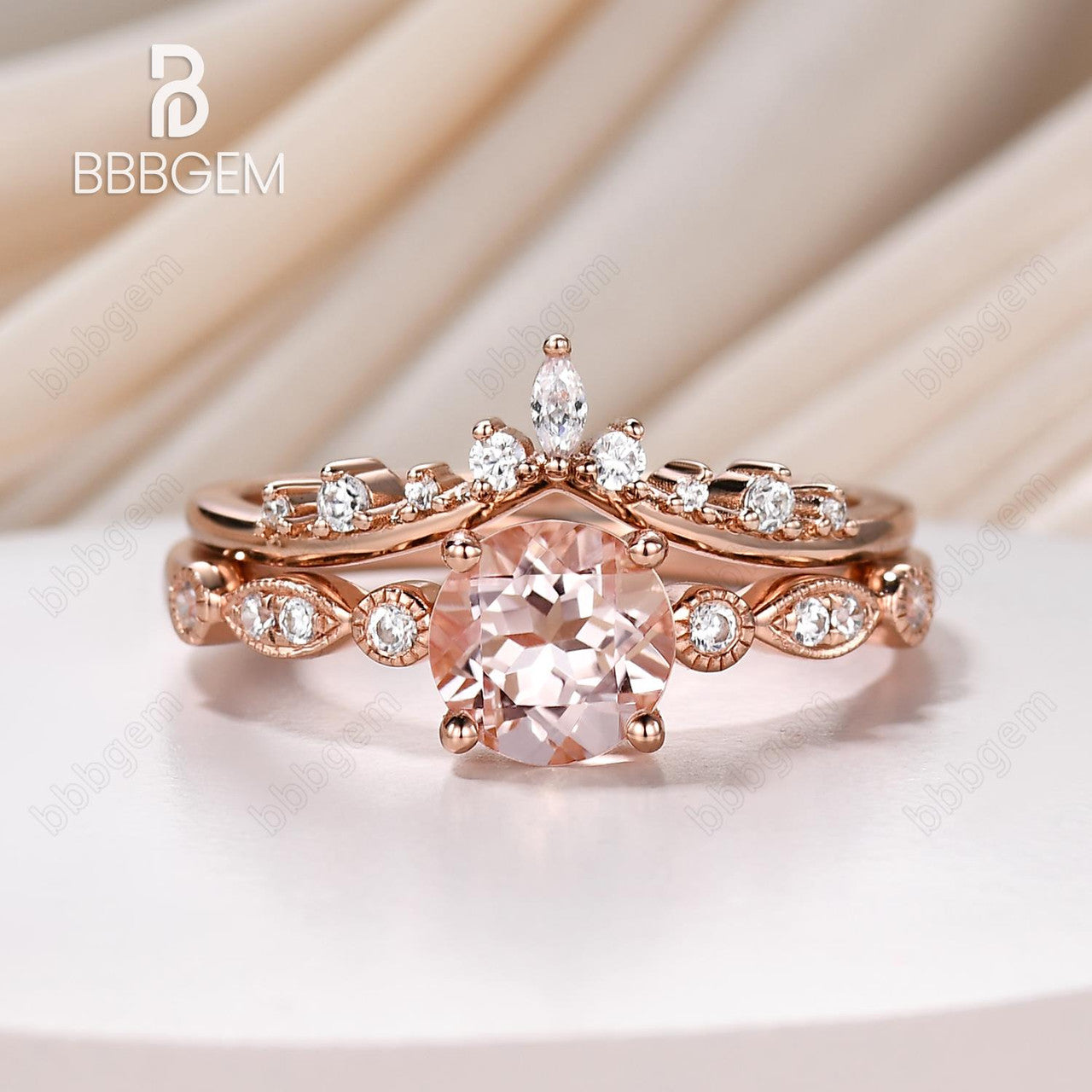 6.5mm Round Natural Morganite Engagement Ring Set in 14k Rose Gold with Curved Diamond Stacking Band – Vintage Inspired Bridal Jewelry for Weddings, Anniversaries & Romantic Occasions