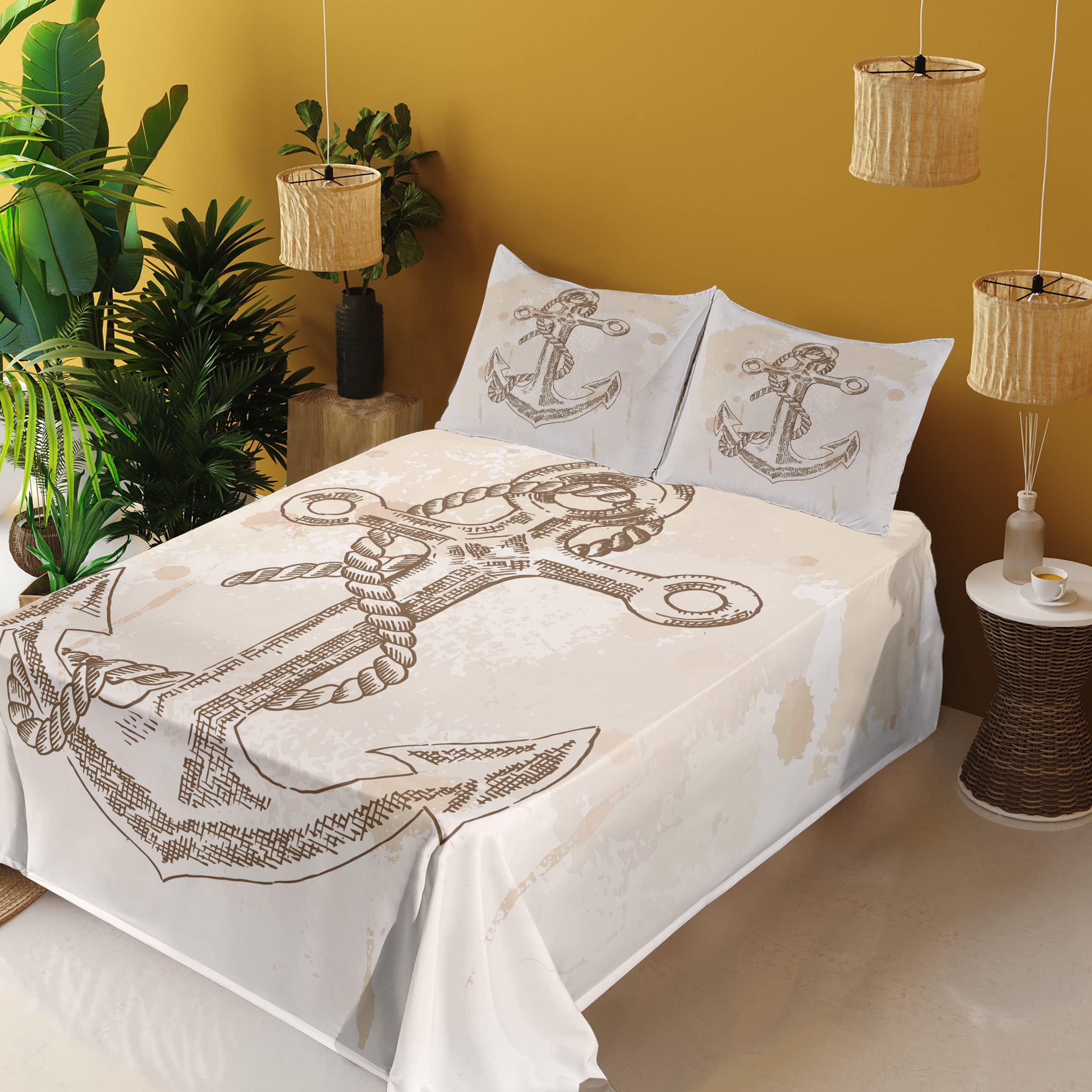 Ambesonne Anchor Sheet Set - Navy Blue & Brown Cream Summer Holiday Print Bedding, 4-Piece King Size with Fitted Sheet, Flat Sheet & Pillowcases - Perfect for Coastal Themed Bedrooms, Beach House Decor & Nautical Style Homes