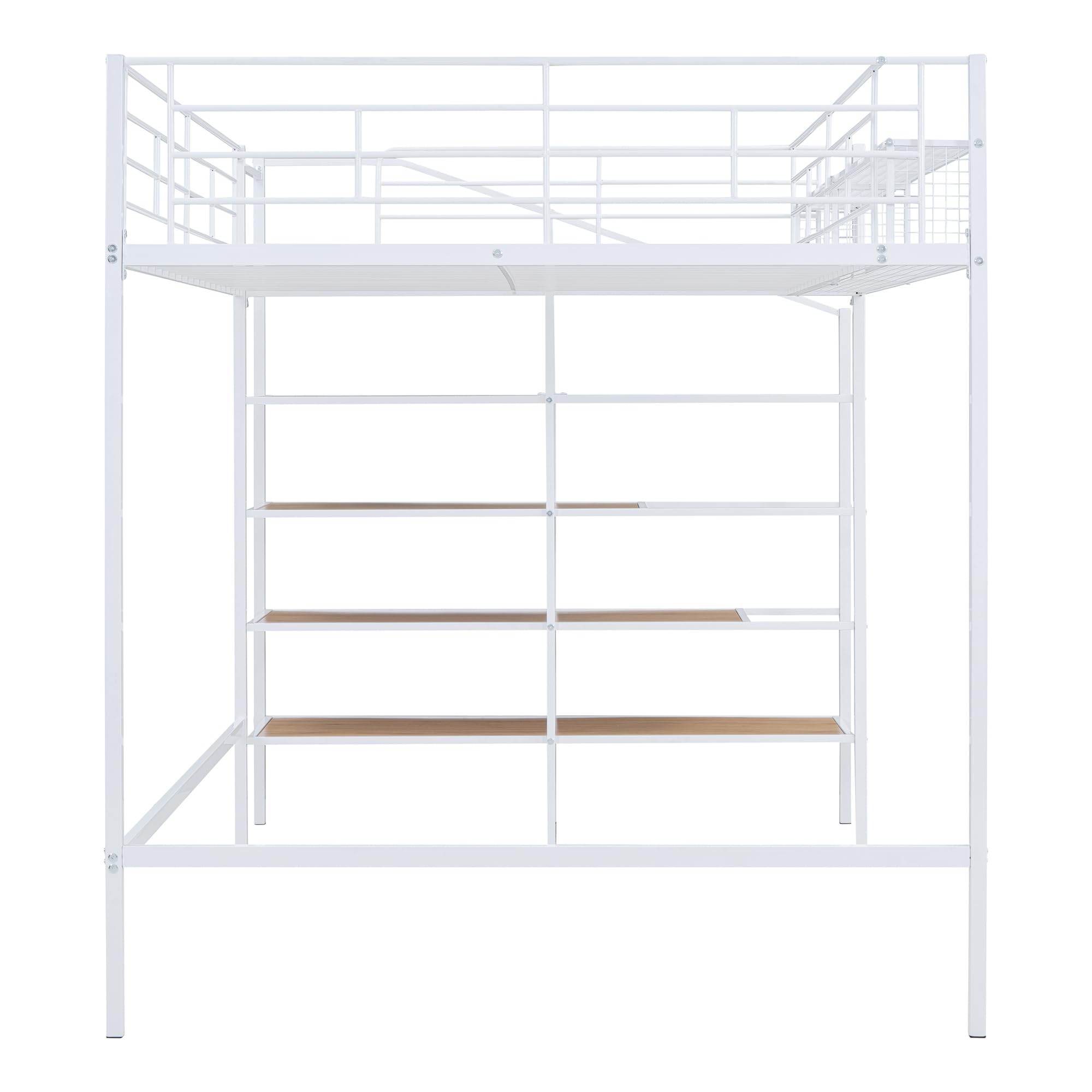 Full Size Loft Bed with Stairs - Heavy Duty Metal Loft Bed Frame with Storage Steps & Grid Shelf - Sturdy High Loft Bed for Kids, Teens & Adults - Perfect for Small Spaces, Dorms & Apartments (White)