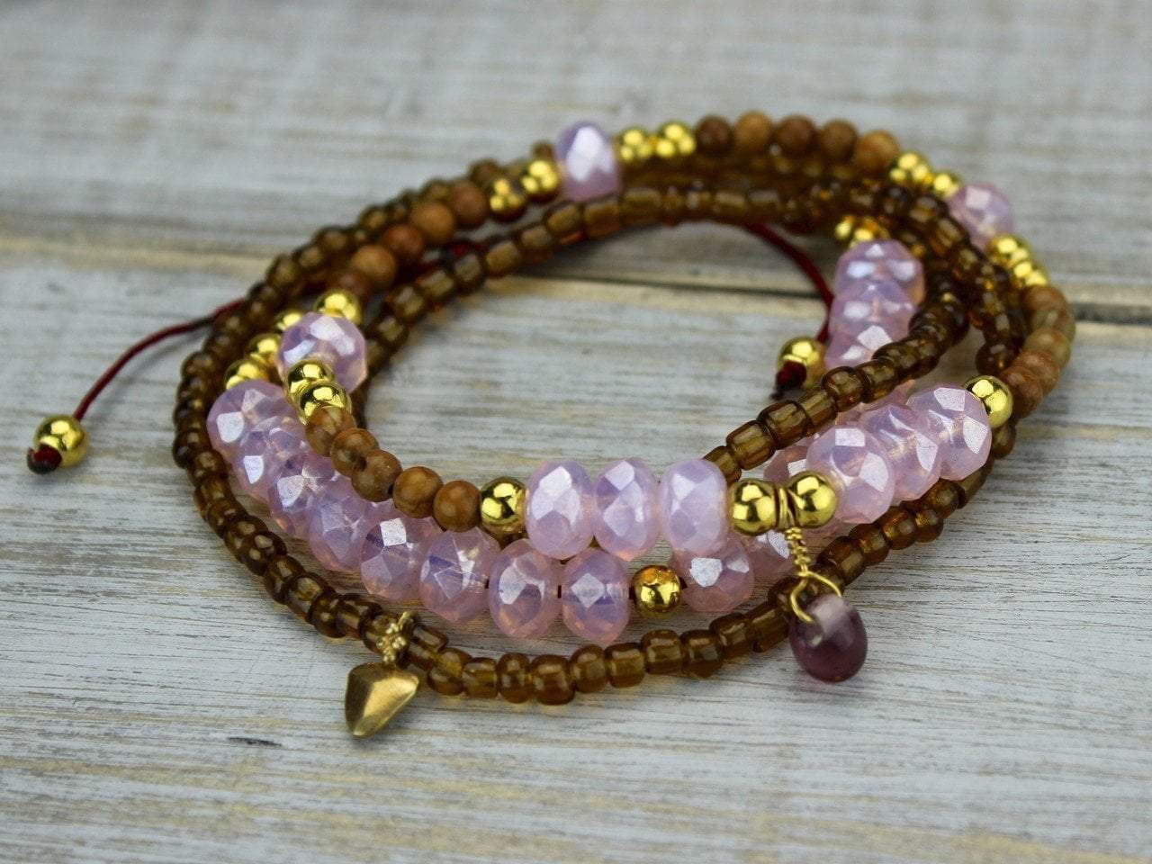 Hearts of Gold Wrist Mala Stack - Yoga Meditation Beaded Bracelet Set for Women, Boho Spiritual Jewelry Gift for Mindful Living & Positive Energy