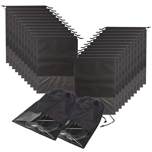 24-Pack Waterproof Non-Woven Travel Shoe Bags with Drawstring - Large Shoe Storage Pouches for Men & Women (Black) | Perfect for Gym, Travel & Organization