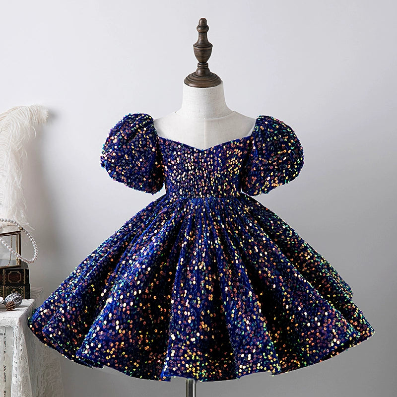 Royal Blue Princess Round Tea Length Sequined Flower Girl Dress – Perfect for Weddings, Pageants, and Special Occasions