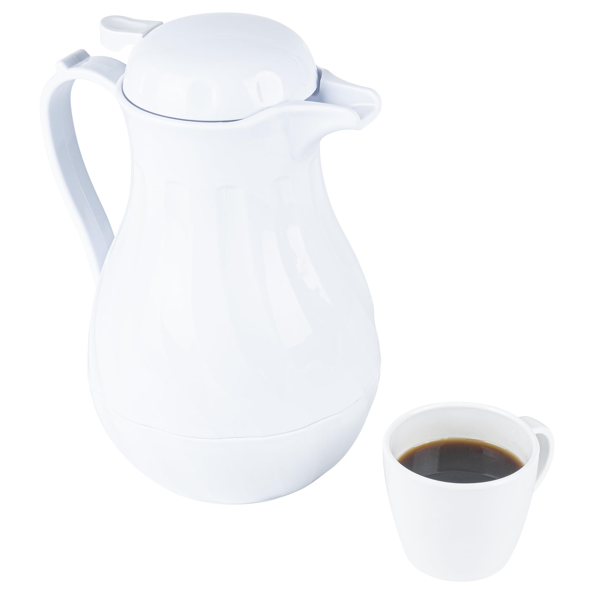 Restaurantware Restpresso 64oz Insulated Coffee Carafe - 10 Pack with Push-Button Lid, Swirl Design & Built-in Handle - White Plastic Coffee Servers with ID Tags for Restaurants, Cafes & Catering Events