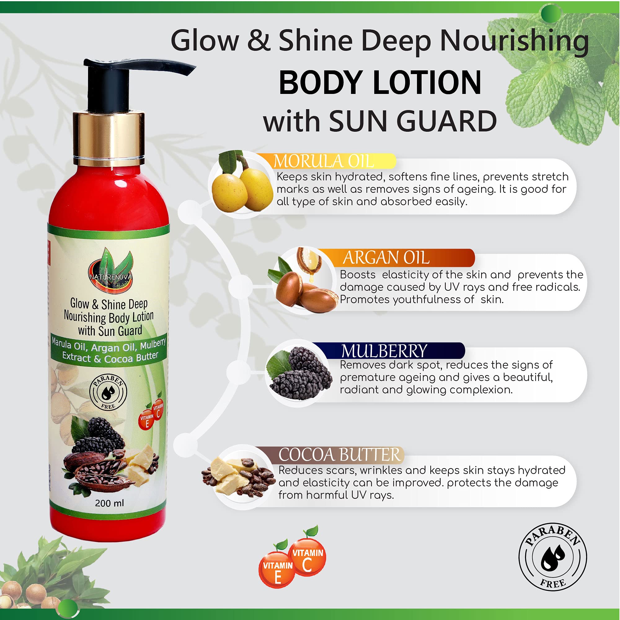 NATURENOVA HERBALS Glow & Shine Deep Nourishing Body Lotion with SPF & Marula Oil | Enriched with Argan Oil, Mulberry, Cocoa Butter, Vitamin C & E | UV-B Protection, Anti-Aging, Stretch Mark Prevention | Hydrates & Softens Skin for Youthful Glow | Paraben-Free 200ml | Perfect for Daily Moisturizing, Sun Protection & Anti-Aging Skincare Routine