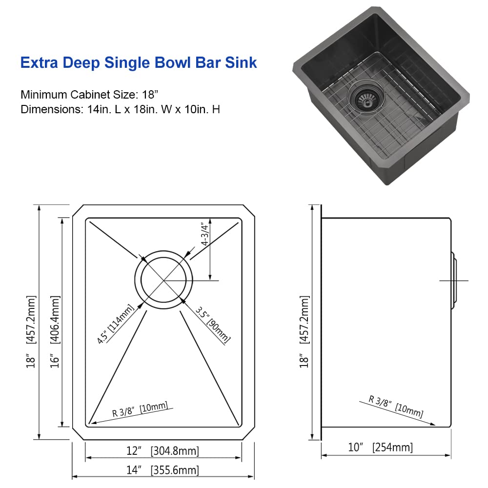 14 Inch Undermount Bar Sink Black - Hovheir 16 Gauge Stainless Steel Single Bowl Kitchen Sink (14x18 Inch) for Wet Bar, RV, Prep Station & Kitchen Island - Includes Bottom Grid - Durable & Stylish for Home & Commercial Use