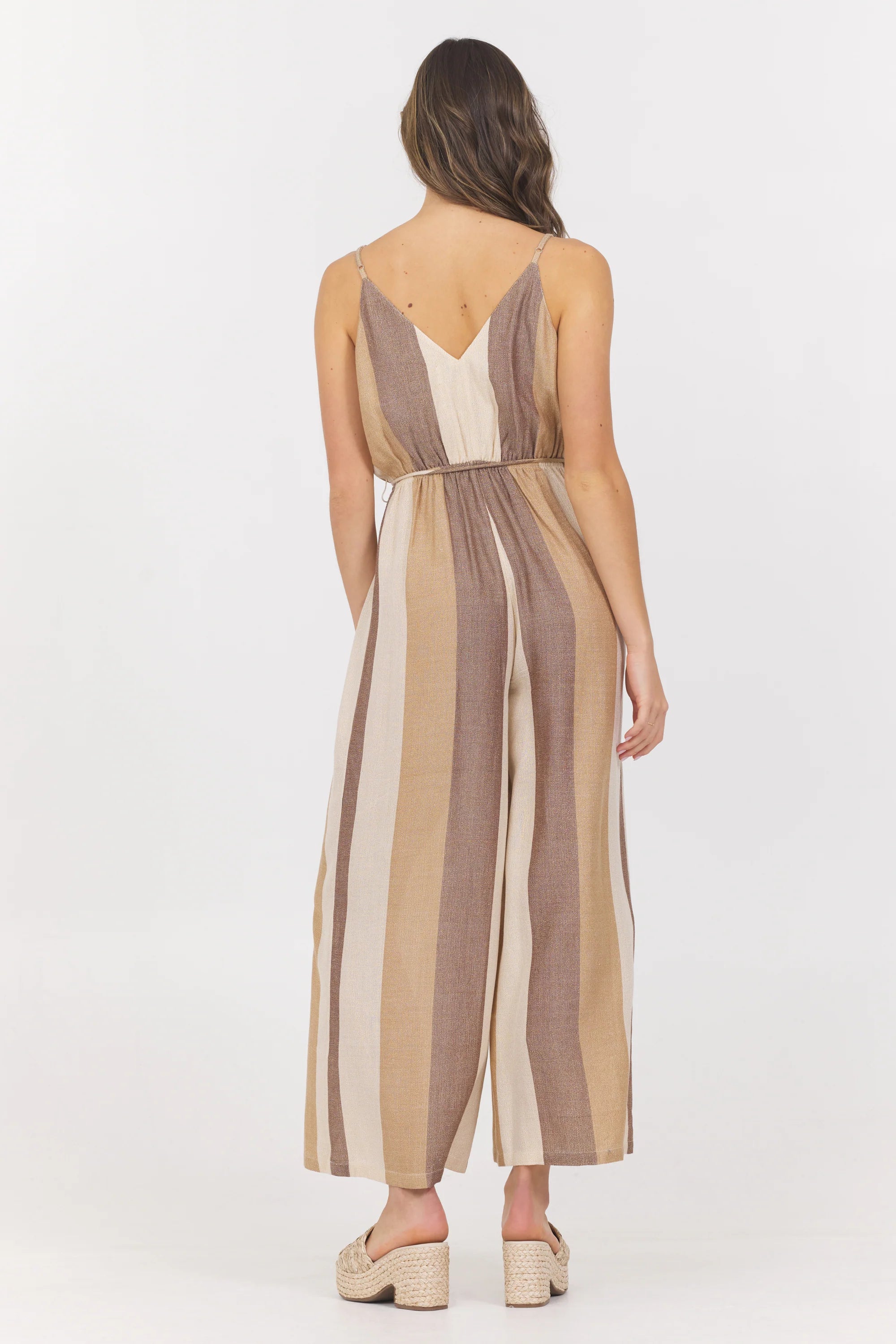Vintage Havana Woven Metallic Jumpsuit in Cocoa Stripe - Elegant Party Outfit for Women, Perfect for Night Out, Cocktail Party & Special Occasions
