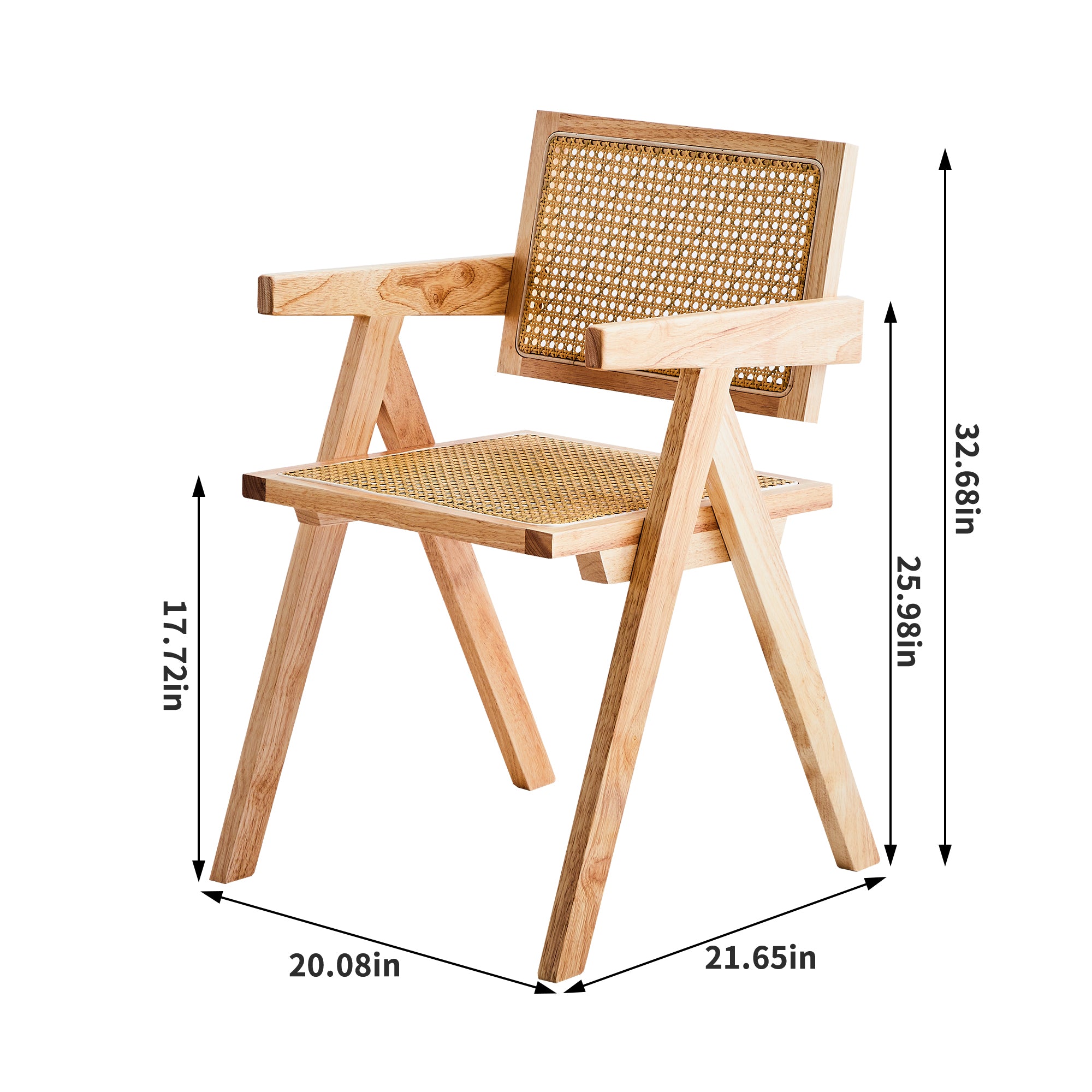 Solid Wood Dining Chairs with Armrests - Natural Rubber Wood & Rattan Woven Design for Kitchen, Dining Room, or Outdoor Patio