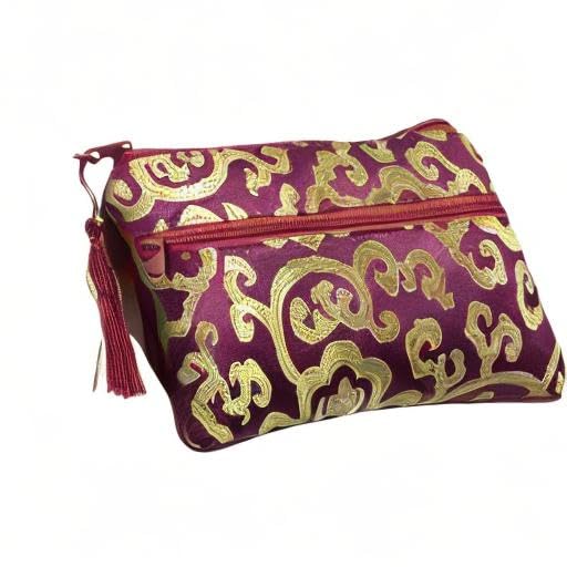 2PCS Silk Brocade Jewelry Pouch with Padded Tassel & Double Zipper - Coin Purse Gift Bags Set (Wine Red & Red) - Perfect for Organizing Rings, Necklaces & Small Valuables at Home or Travel
