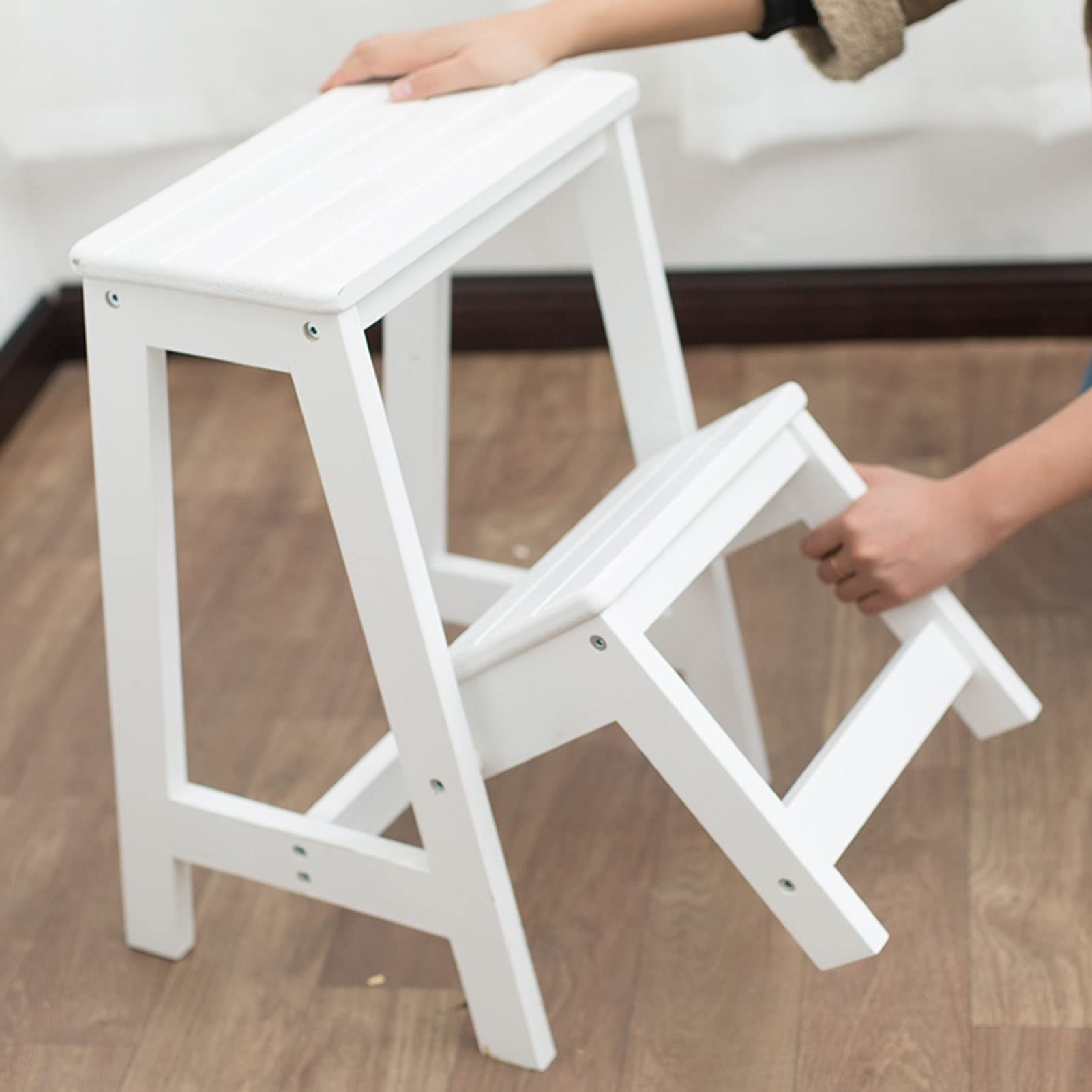 2-Step Folding Wooden Step Stool with Non-Slip Surface - Compact Shoe Bench, Flower Stand & Kitchen Step Ladder for Home & Office - Perfect for Reaching High Shelves, Organizing & Home Decor