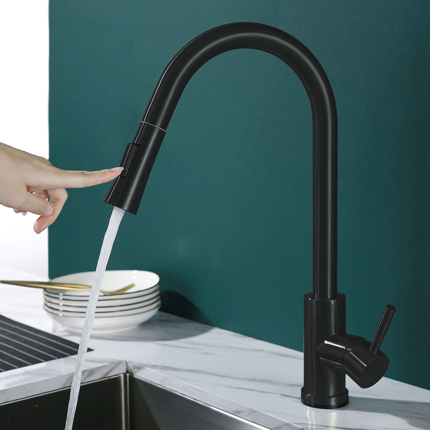 Homelava Black 304 Stainless Steel Single Handle Pull Down Kitchen Faucet with Touch Control, Spray Shield Technology & Magnetic Docking Spray Head - Perfect for Modern Kitchens, Dishwashing, and Food Prep