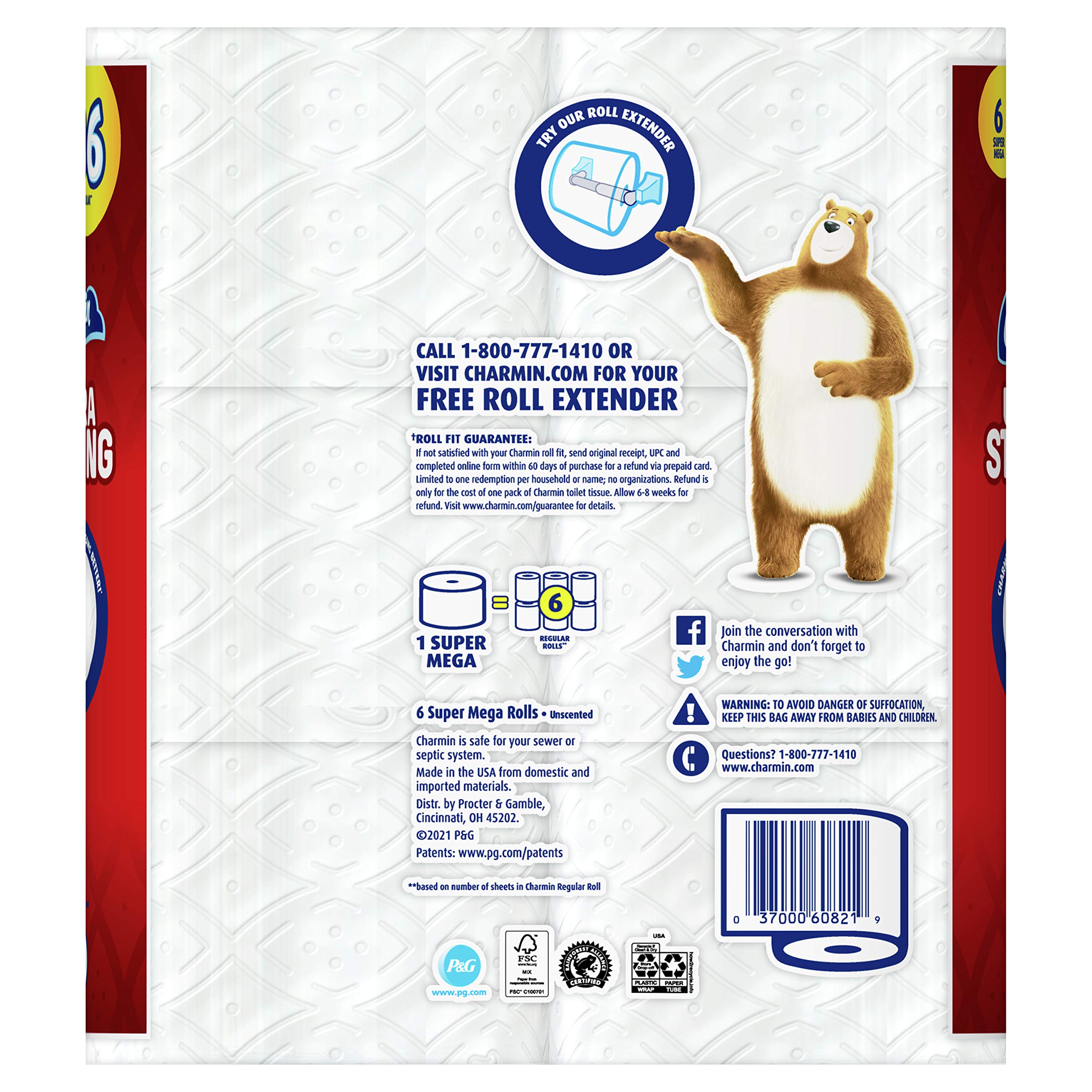 Charmin Ultra Strong Toilet Paper, 6 Super Mega Rolls (Equivalent to 36 Regular Rolls) | Soft, Durable & Absorbent Bathroom Tissue for Home & Office Use