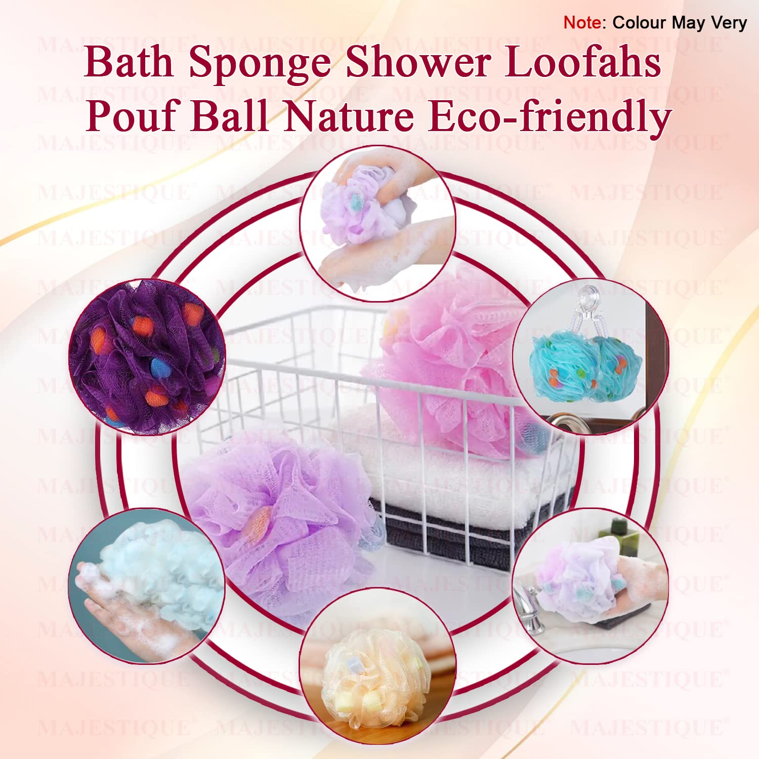 Majestique 3-Pack Long Handle Back Scrubber Brush with Exfoliating Loofah Sponge & 2 Body Wash Puffs - 60g Bath Sponge for Deep Cleansing - Ideal for Men, Women & Elderly - Perfect for Shower, Bath & Spa Relaxation