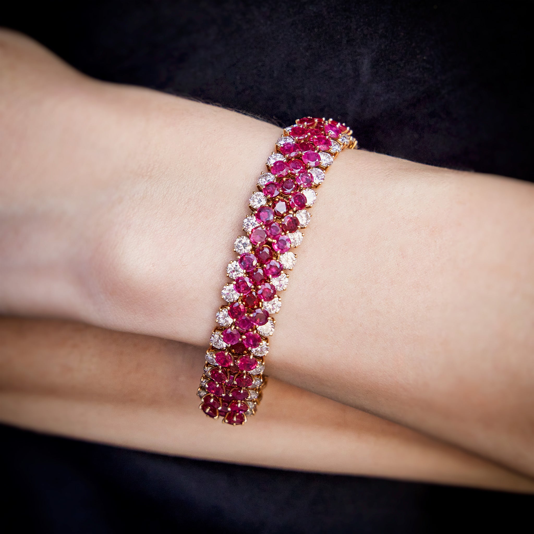 Van Cleef & Arpels Genuine Burma Ruby Tennis Bracelet - 18K Gold Luxury Jewelry for Women, Perfect for Weddings, Anniversaries & Special Occasions
